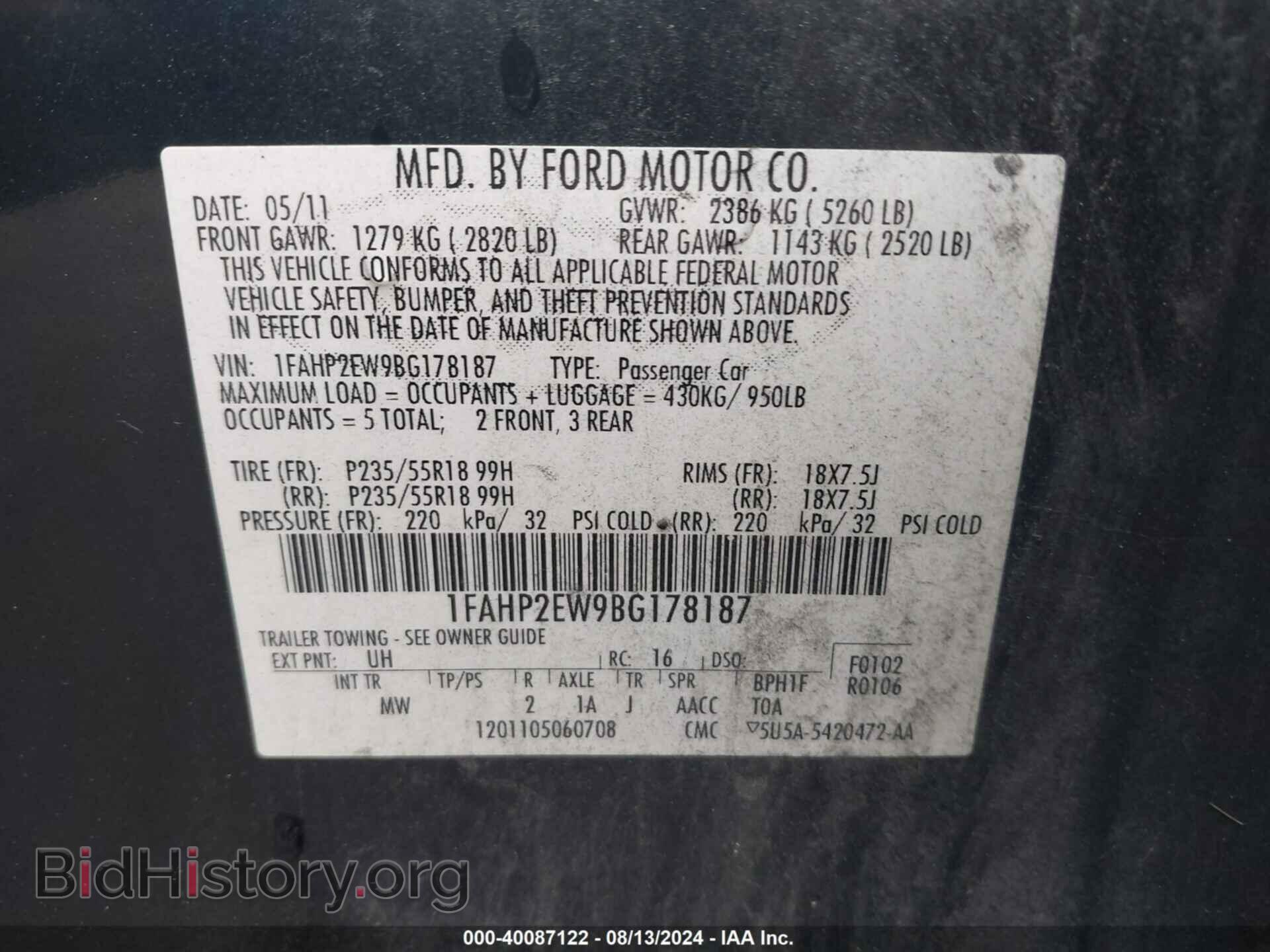 2011 FORD TAURUS - VIN: 1FAHP2EW9BG178187 - Фото 9