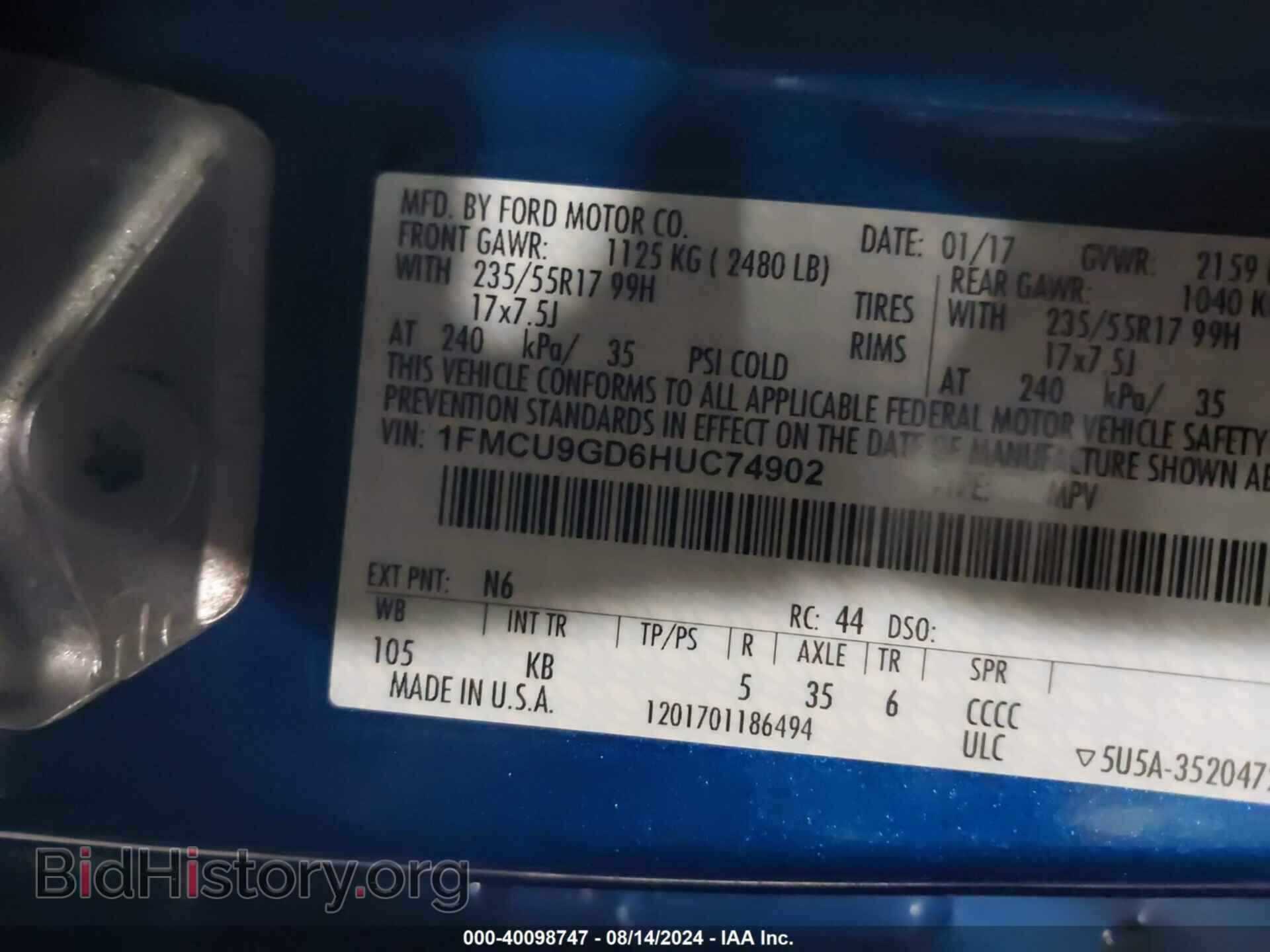 2017 FORD ESCAPE - VIN: 1FMCU9GD6HUC74902 - Фото 9