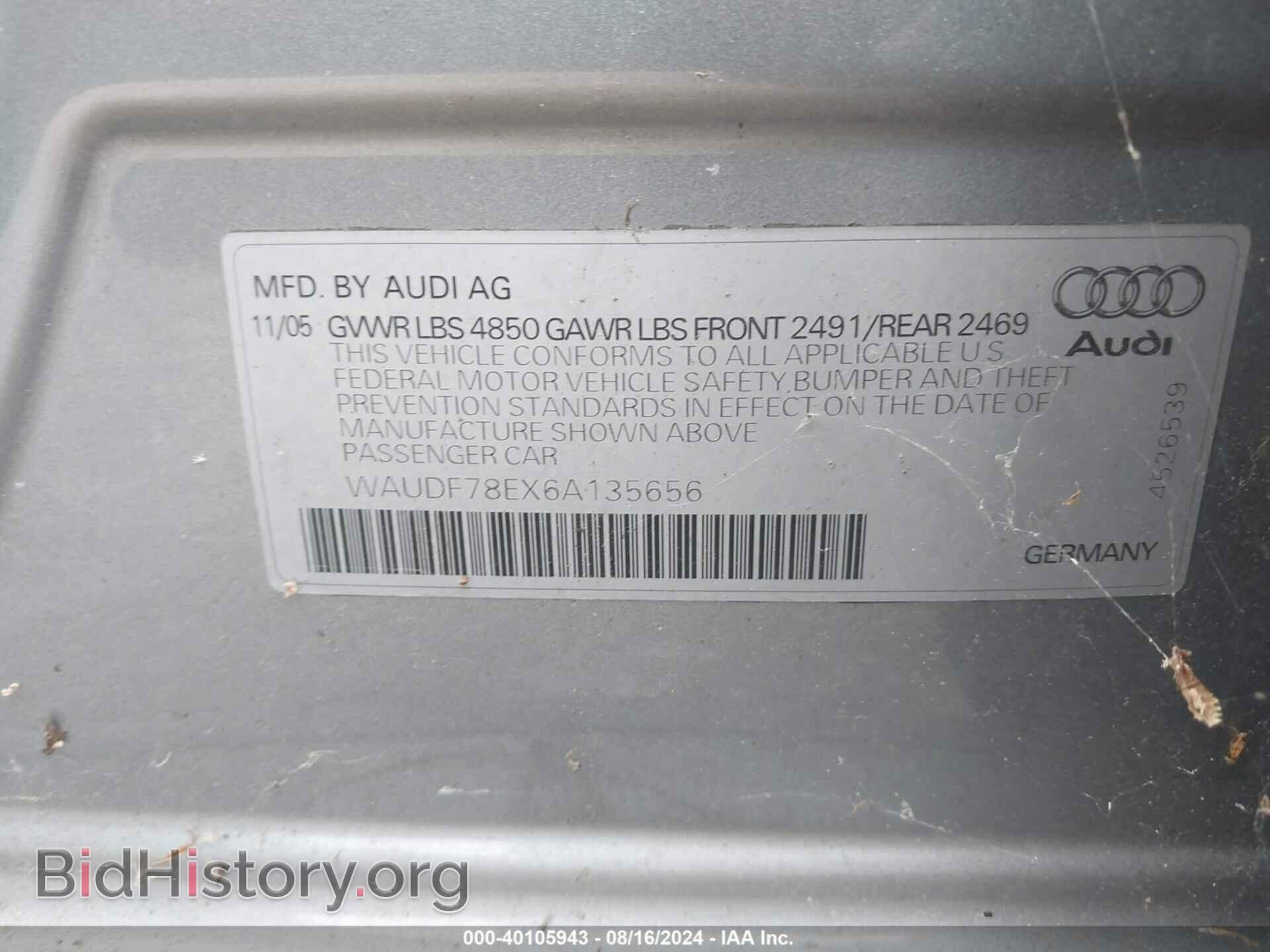2006 AUDI A4 - VIN: WAUDF78EX6A135656 - Фото 9