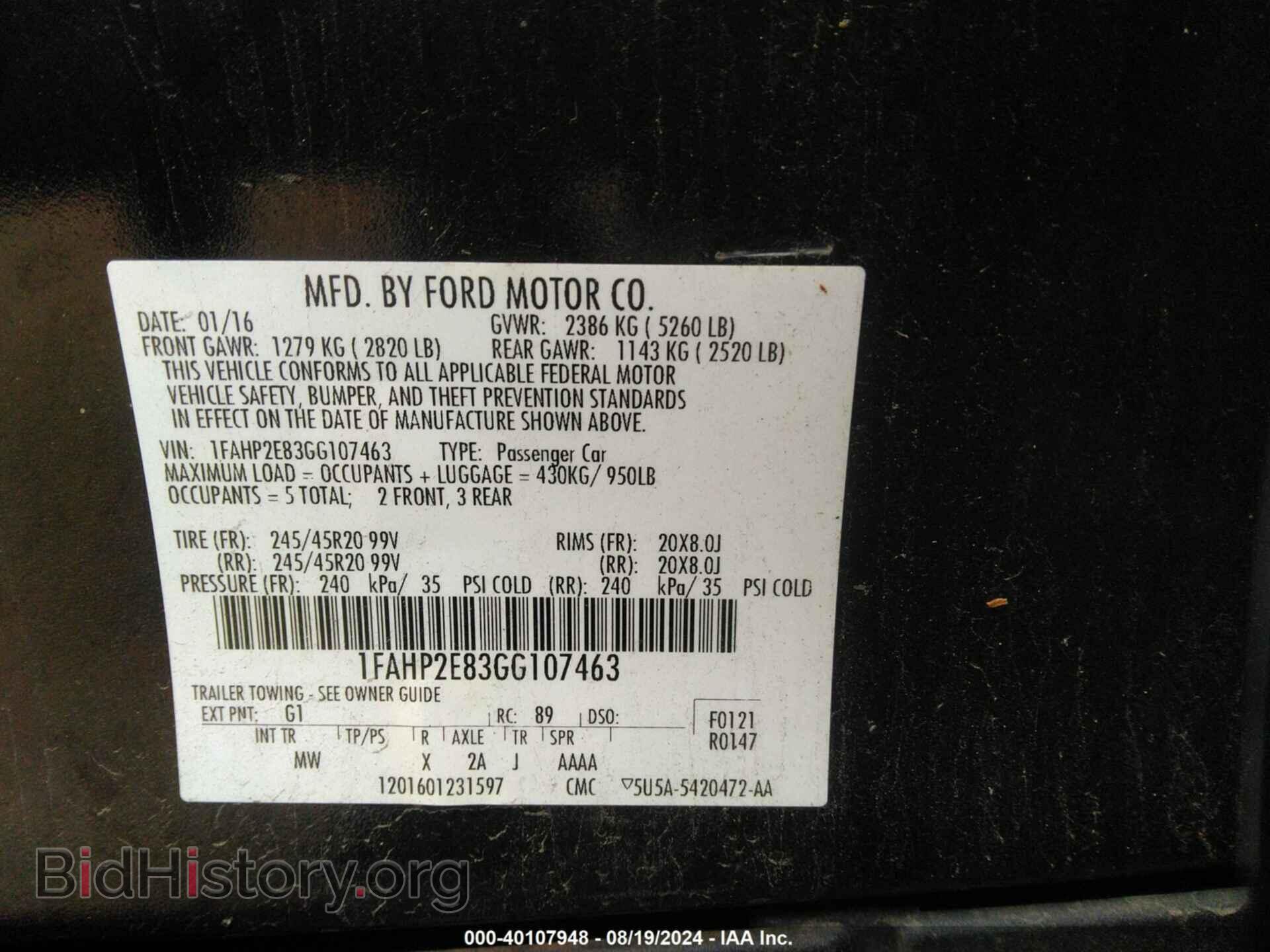 2016 FORD TAURUS - VIN: 1FAHP2E83GG107463 - Фото 9