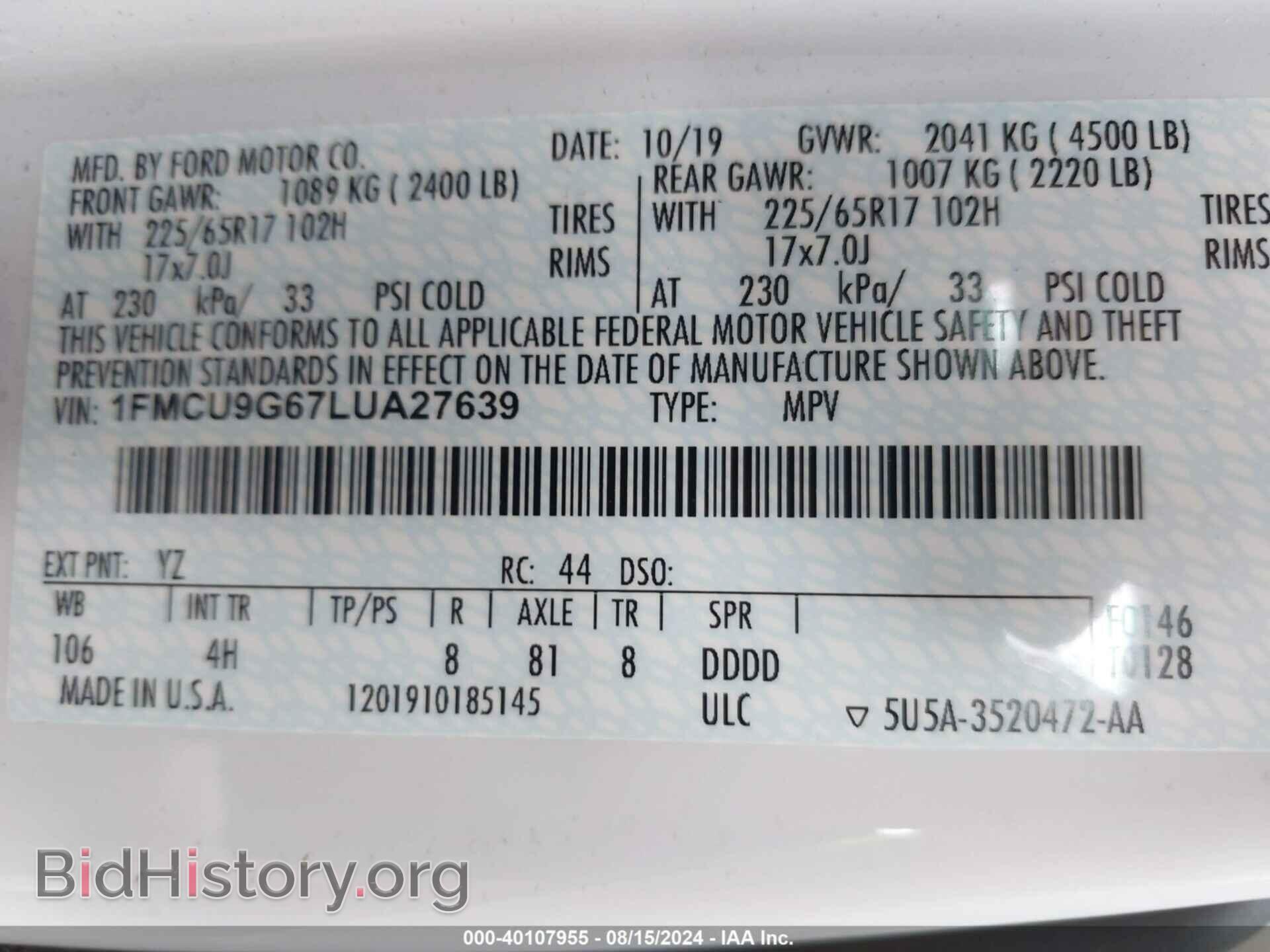 2020 FORD ESCAPE - VIN: 1FMCU9G67LUA27639 - Photo 9