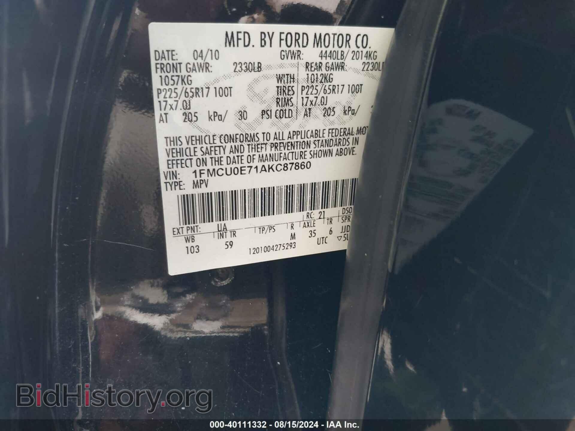 2010 FORD ESCAPE - VIN: 1FMCU0E71AKC87860 - Фото 9