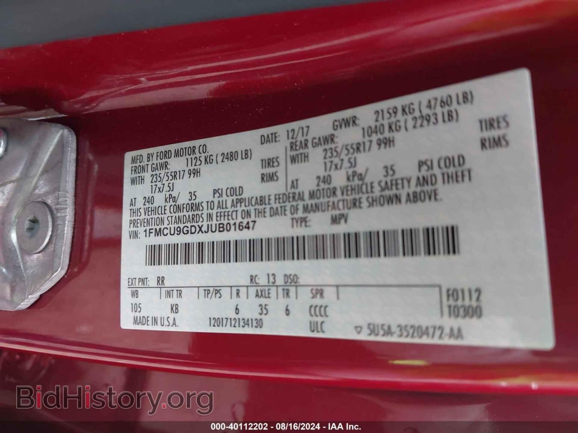 2018 FORD ESCAPE - VIN: 1FMCU9GDXJUB01647 - Фото 9