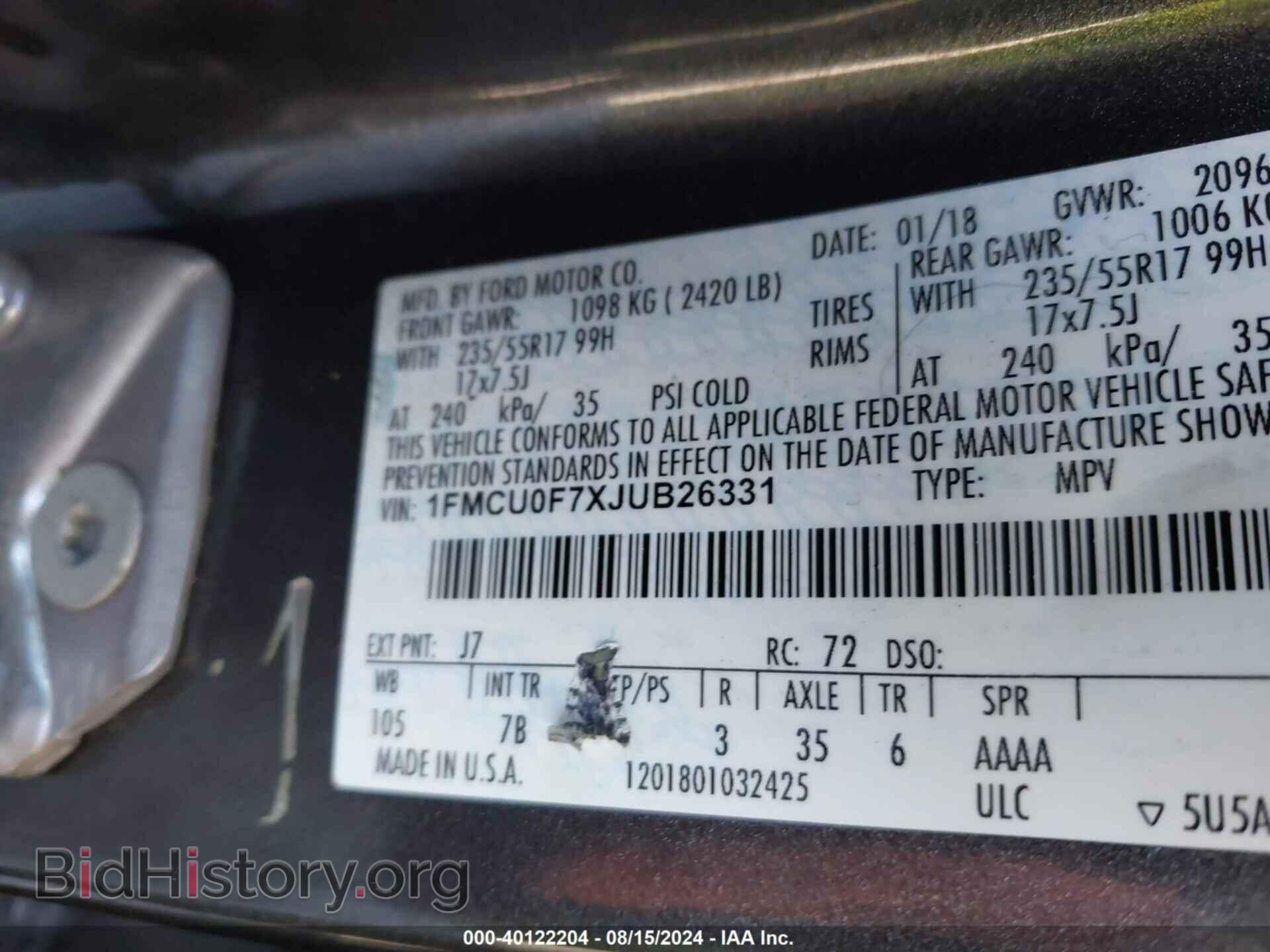 2018 FORD ESCAPE - VIN: 1FMCU0F7XJUB26331 - Фото 9