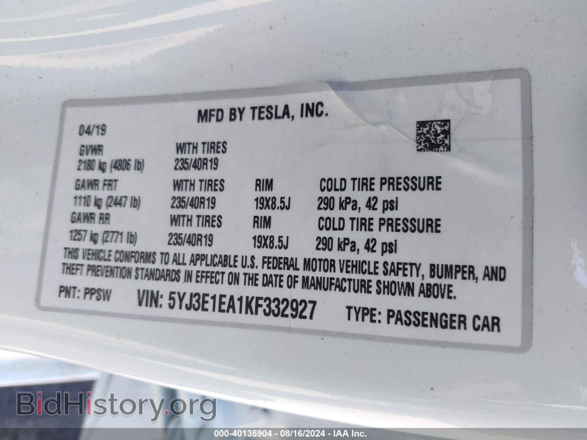 2019 TESLA MODEL 3 - VIN: 5YJ3E1EA1KF332927 - Фото 9