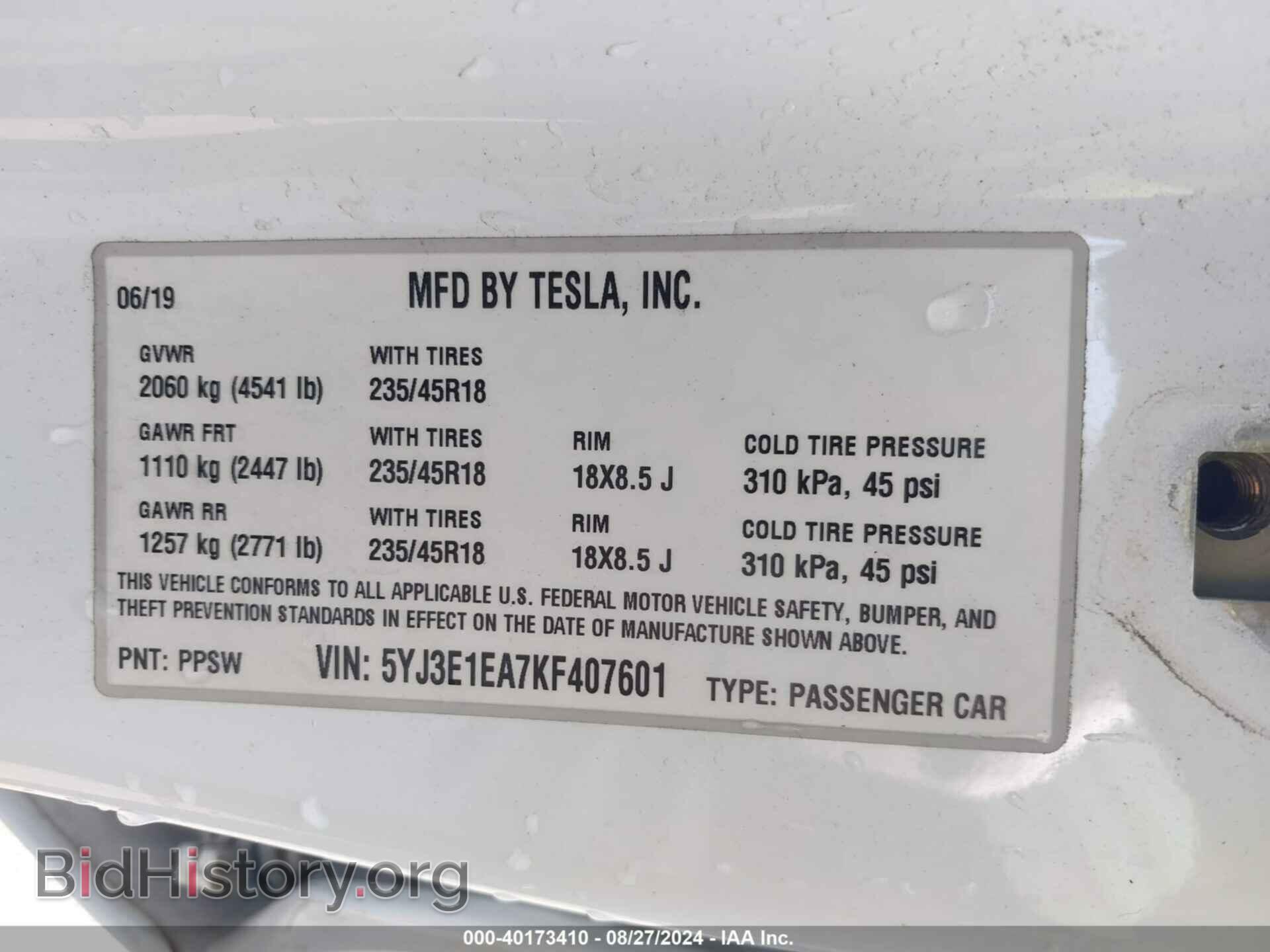 2019 TESLA MODEL 3 - VIN: 5YJ3E1EA7KF407601 - Фото 9
