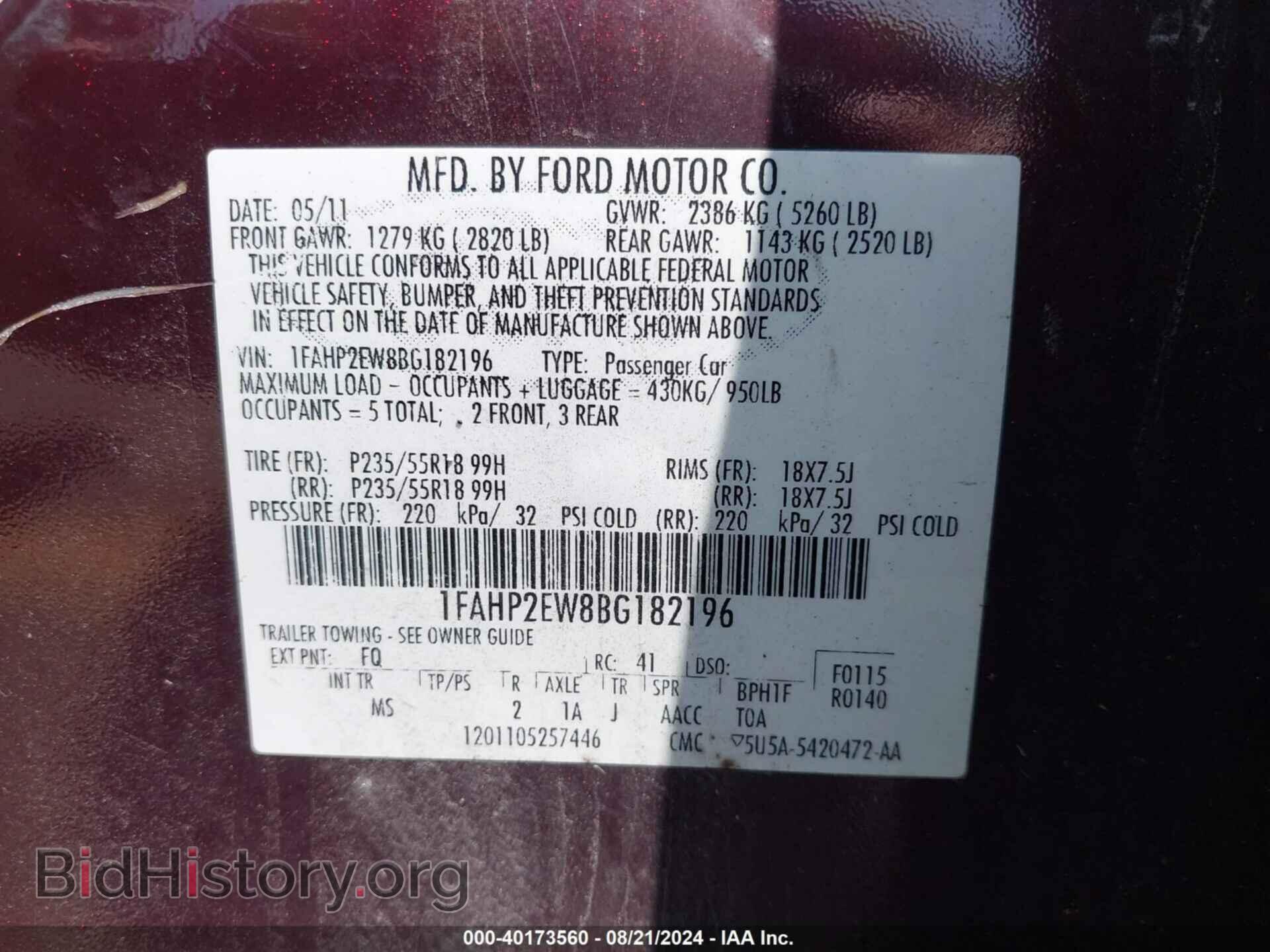 2011 FORD TAURUS - VIN: 1FAHP2EW8BG182196 - Photo 9