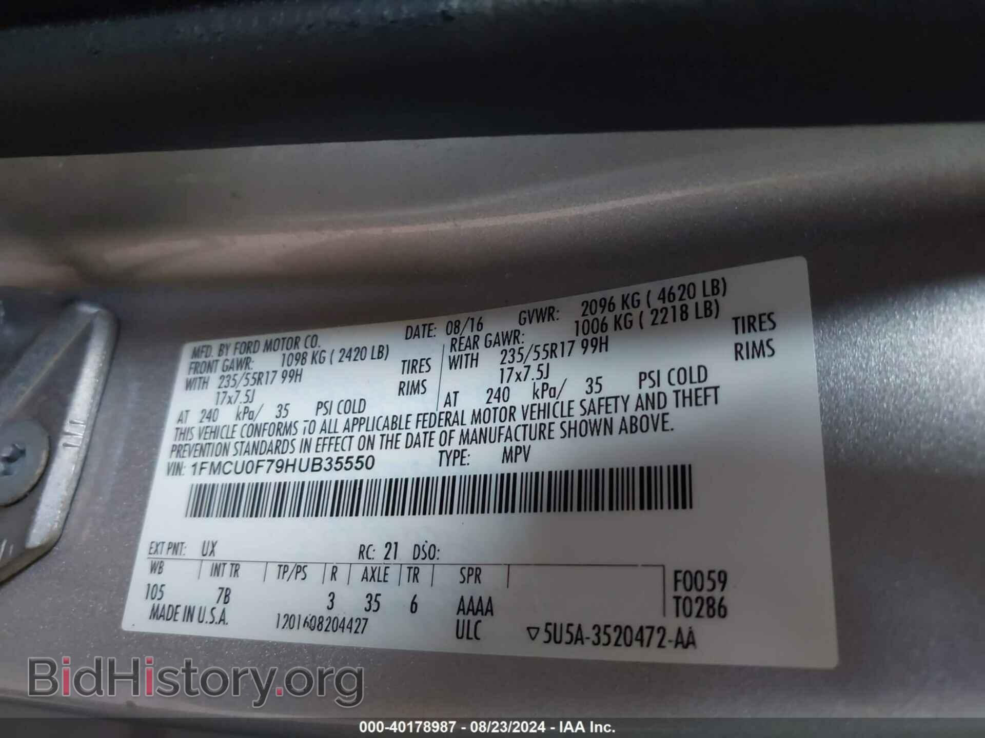 2017 FORD ESCAPE - VIN: 1FMCU0F79HUB35550 - Фото 9