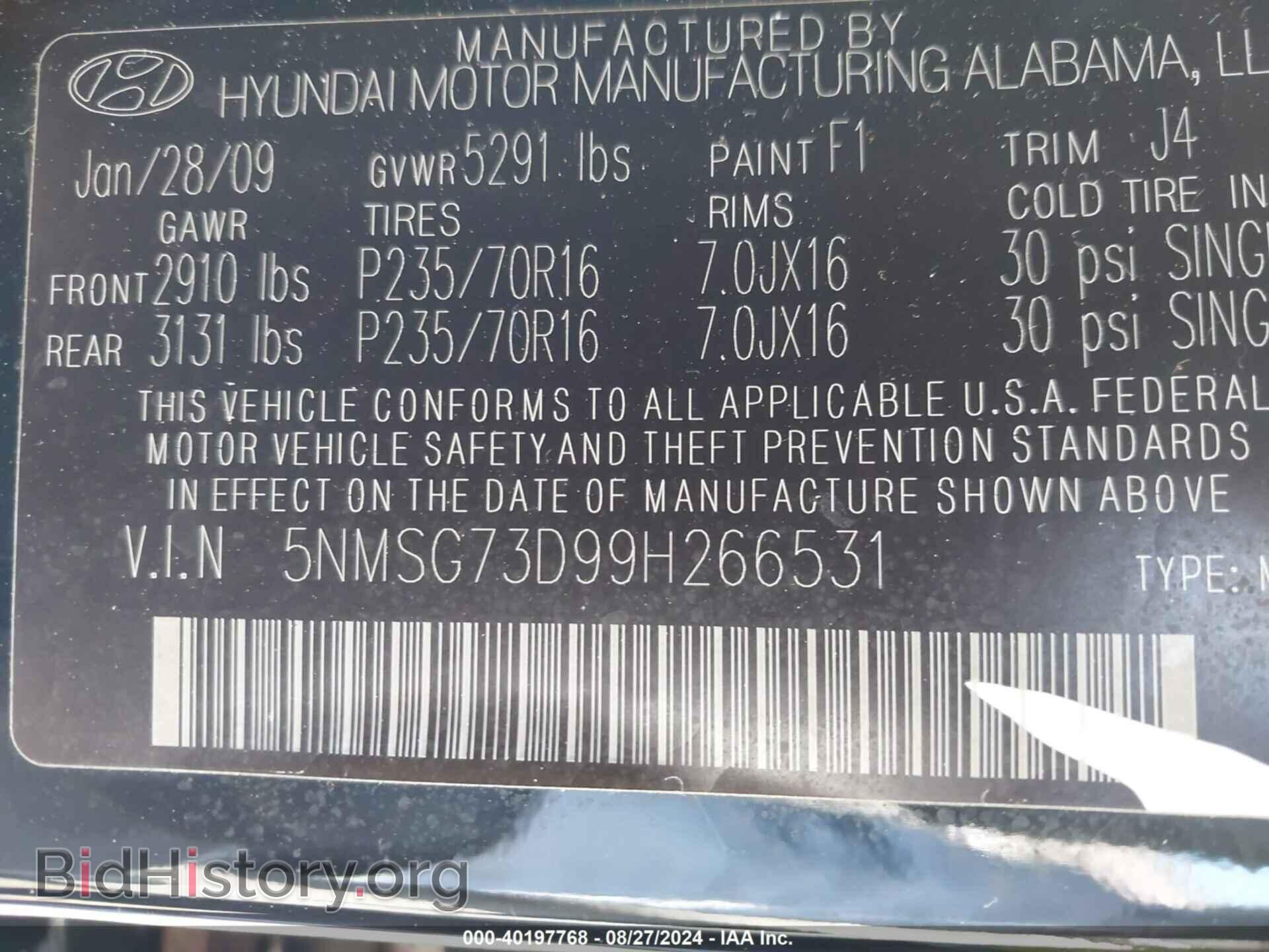 2009 HYUNDAI SANTA FE - VIN: 5NMSG73D99H266531 - Фото 9