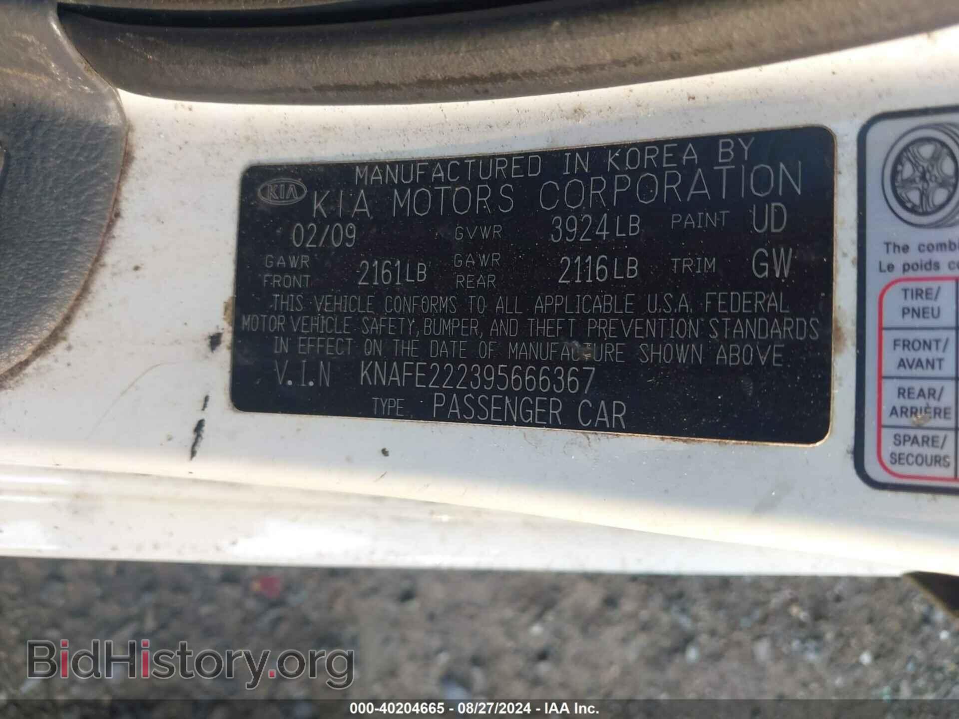 2009 KIA SPECTRA - VIN: KNAFE222395666367 - Фото 9