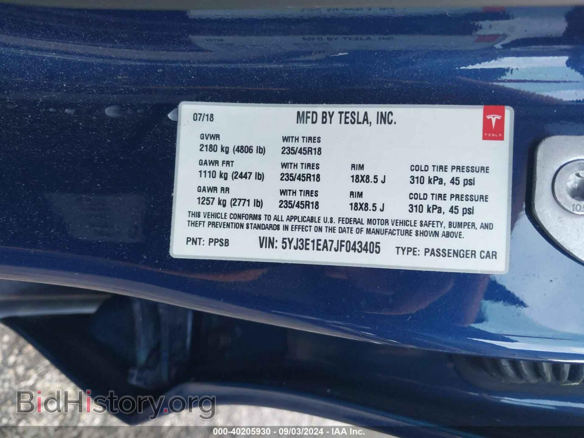 2018 TESLA MODEL 3 - VIN: 5YJ3E1EA7JF043405 - Фото 9