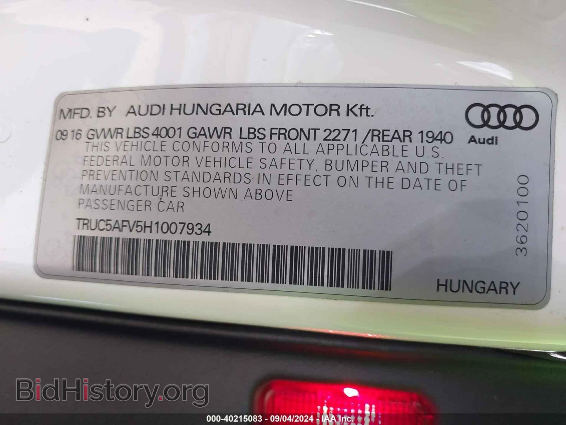 2017 AUDI TT - VIN: TRUC5AFV5H1007934 - Фото 9