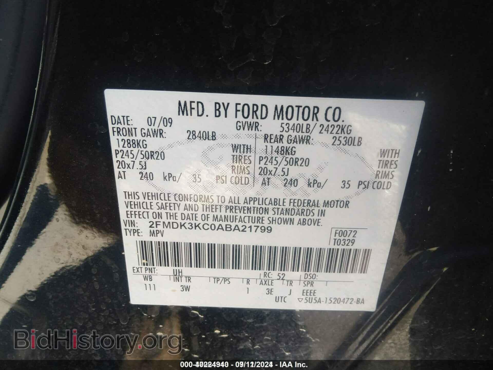 2010 FORD EDGE - VIN: 2FMDK3KC0ABA21799 - Фото 9