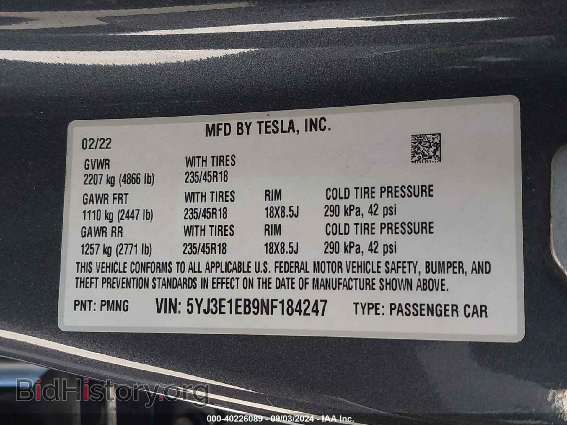 2022 TESLA MODEL 3 - VIN: 5YJ3E1EB9NF184247 - Фото 9