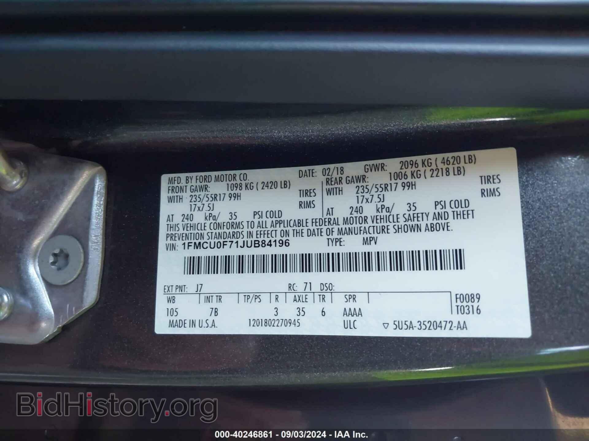 2018 FORD ESCAPE - VIN: 1FMCU0F71JUB84196 - Фото 9