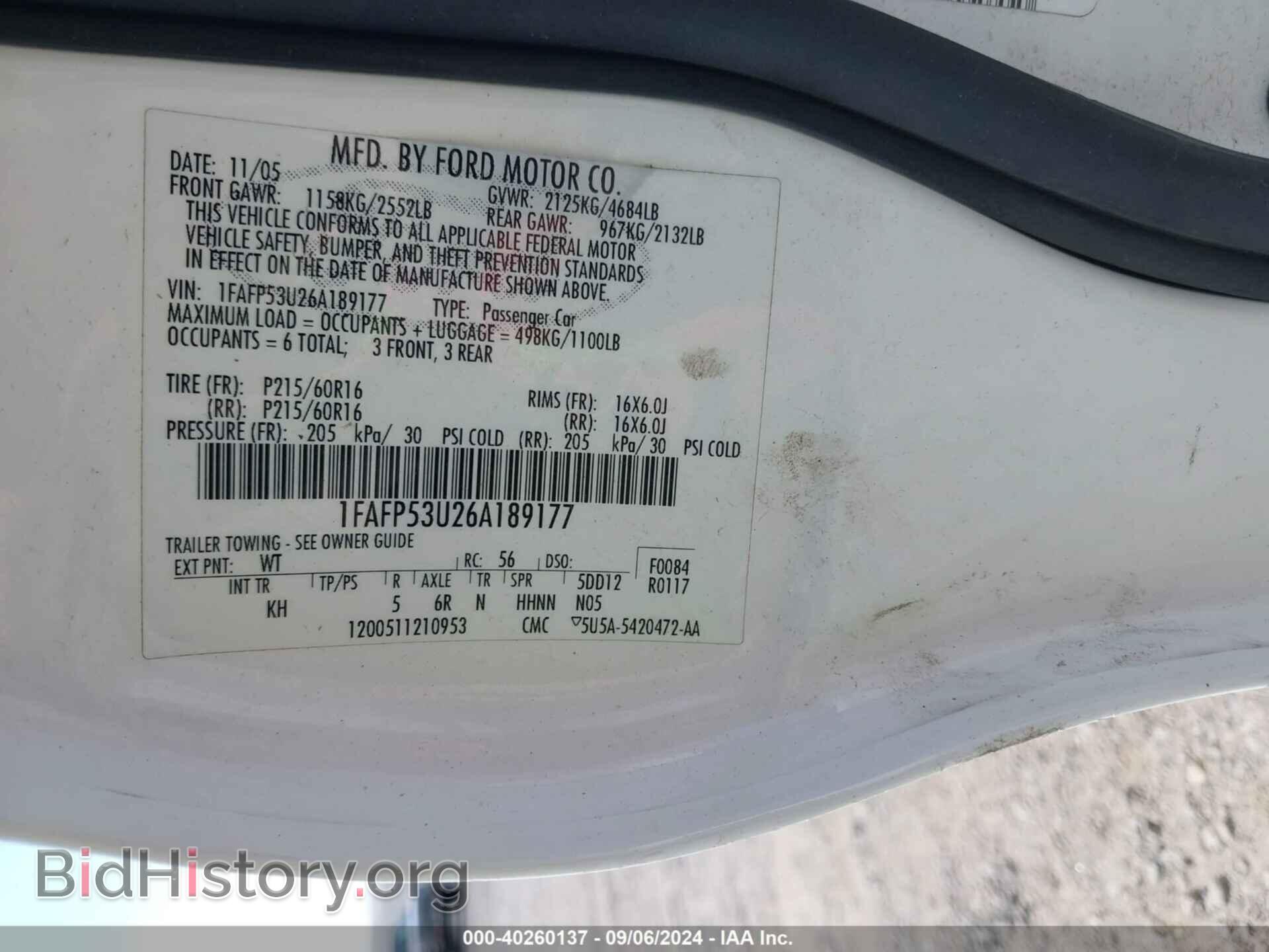 2006 FORD TAURUS - VIN: 1FAFP53U26A189177 - Фото 9