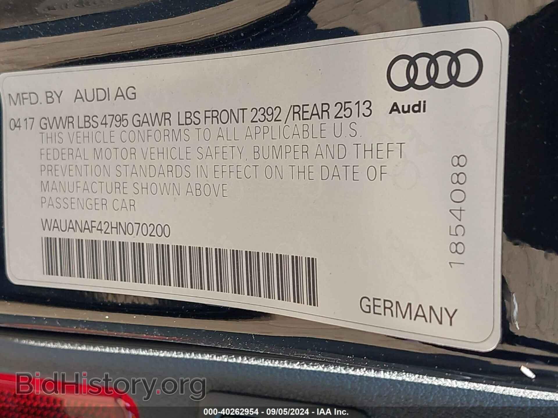 2017 AUDI A4 - VIN: WAUANAF42HN070200 - Фото 9