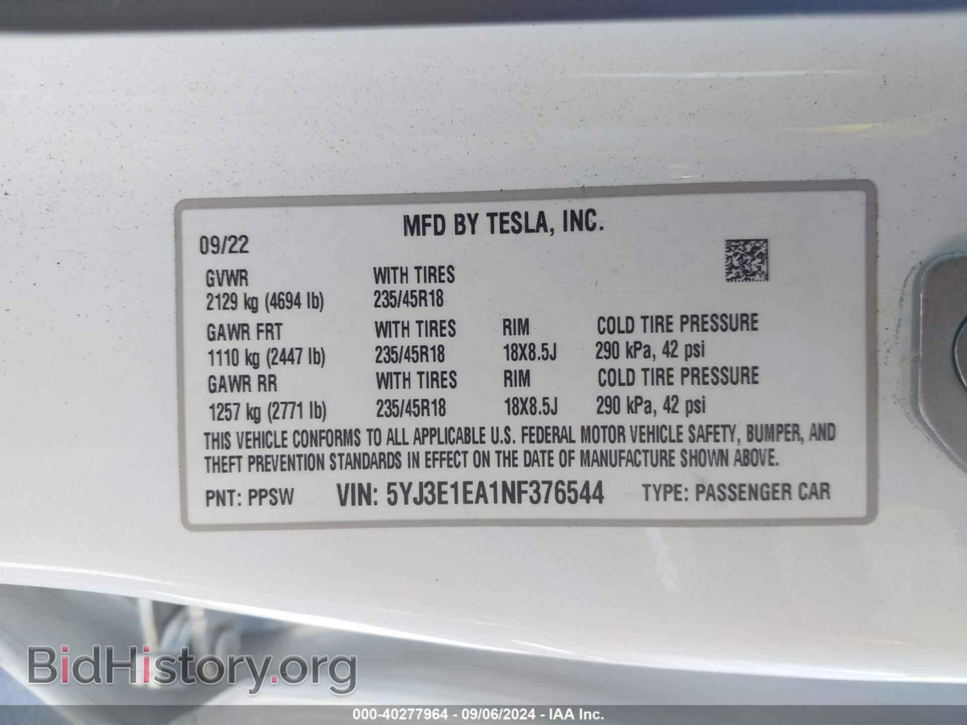 2022 TESLA MODEL 3 - VIN: 5YJ3E1EA1NF376544 - Фото 9