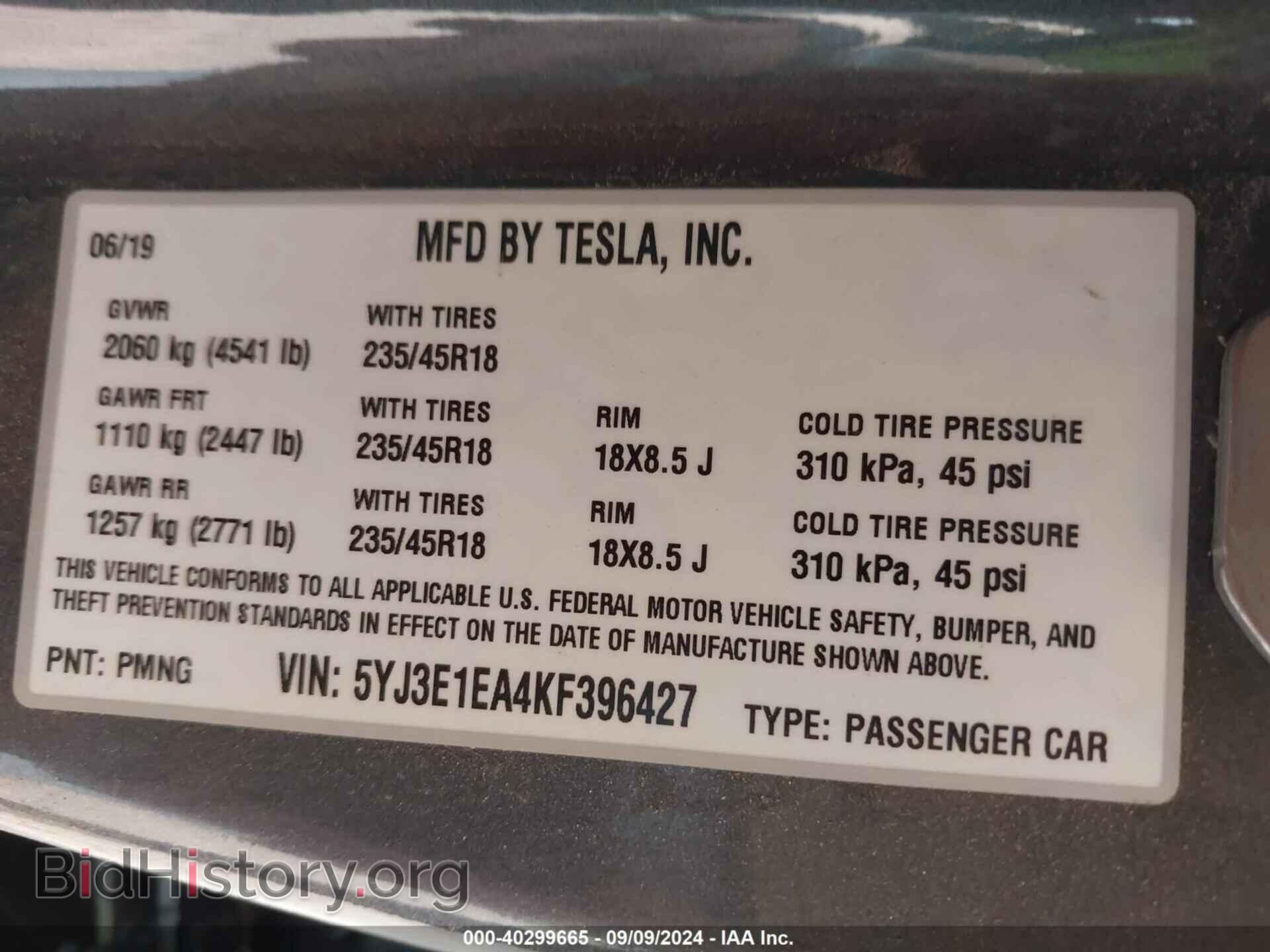 2019 TESLA MODEL 3 - VIN: 5YJ3E1EA4KF396427 - Фото 9