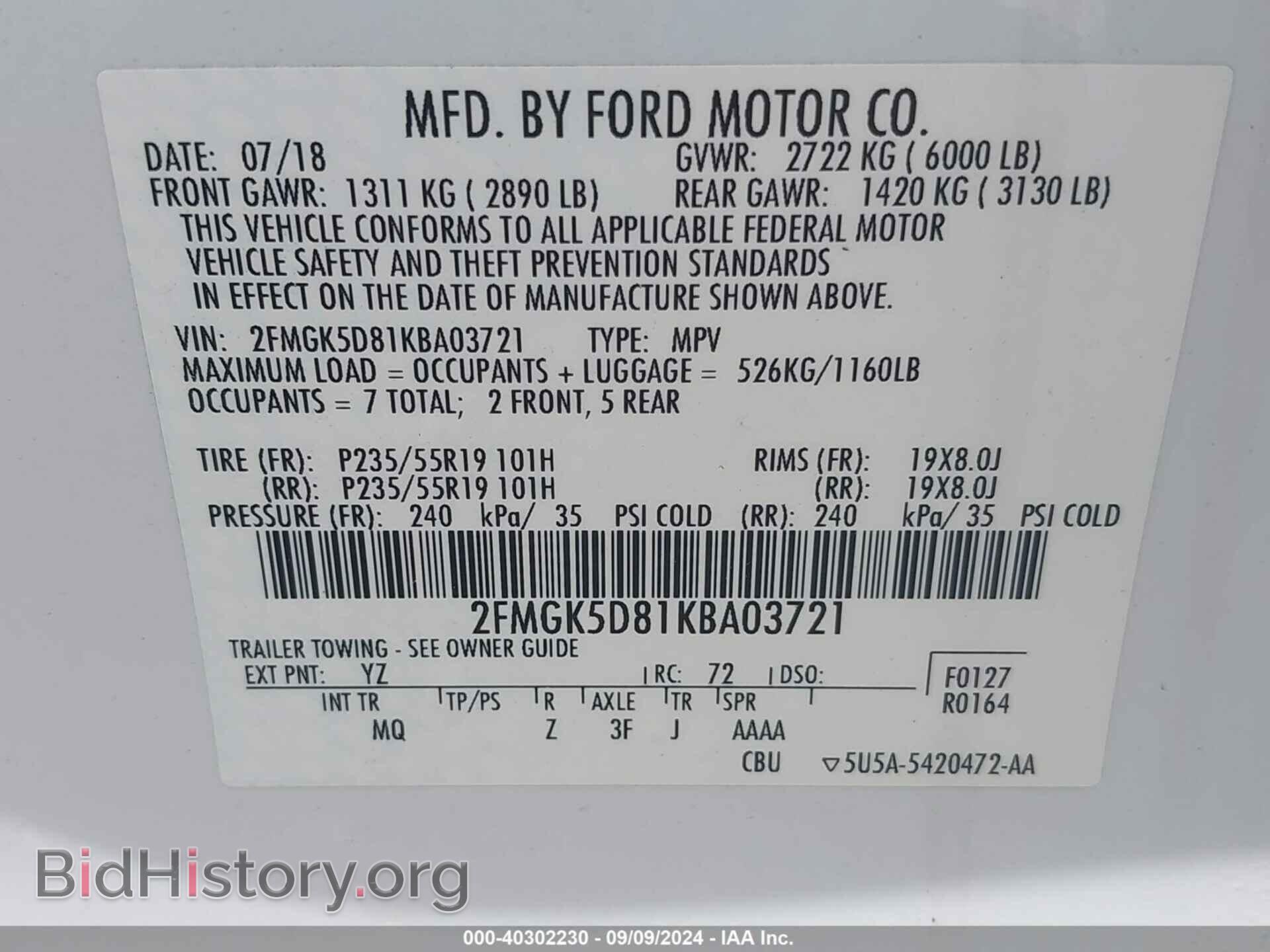 2019 FORD FLEX - VIN: 2FMGK5D81KBA03721 - Photo 9