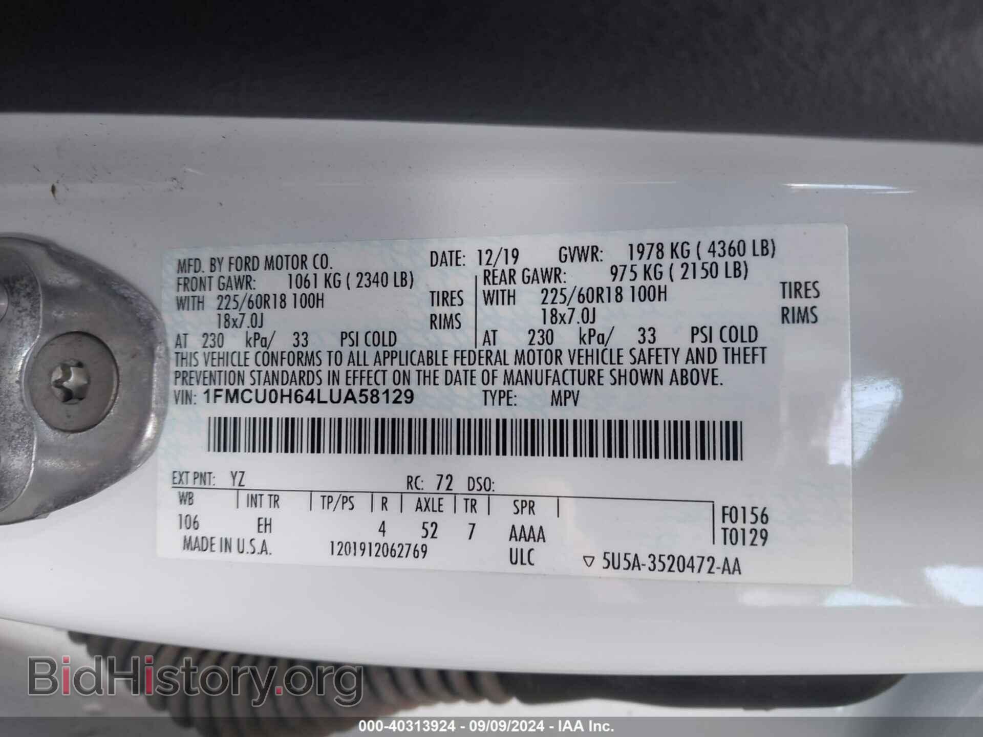 2020 FORD ESCAPE - VIN: 1FMCU0H64LUA58129 - Photo 9