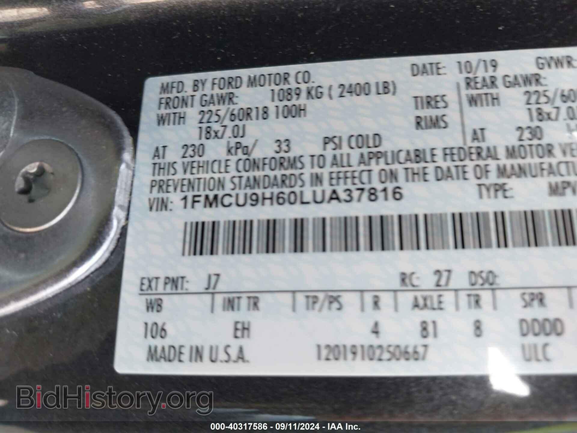 2020 FORD ESCAPE - VIN: 1FMCU9H60LUA37816 - Photo 9