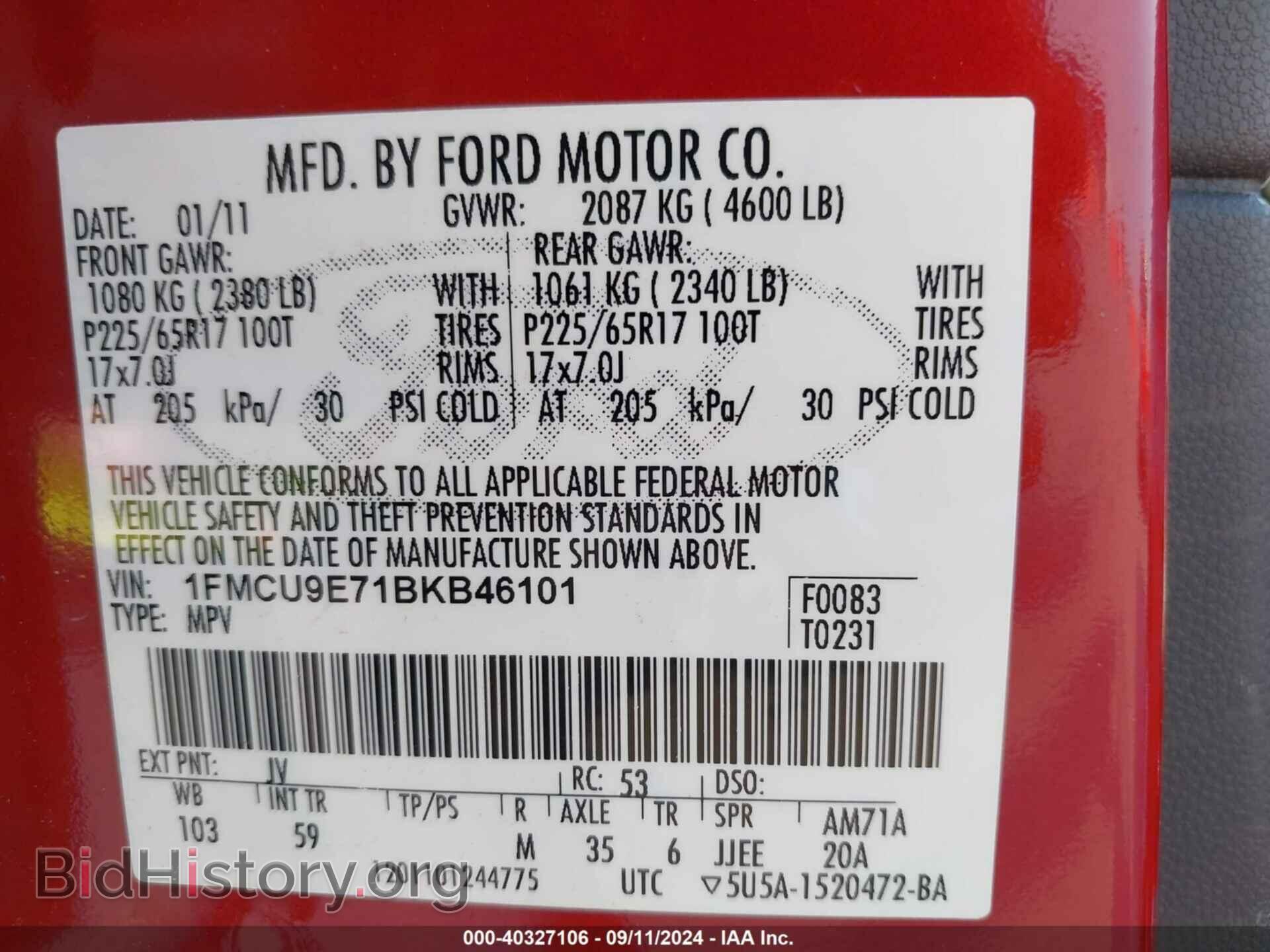 2011 FORD ESCAPE - VIN: 1FMCU9E71BKB46101 - Фото 9