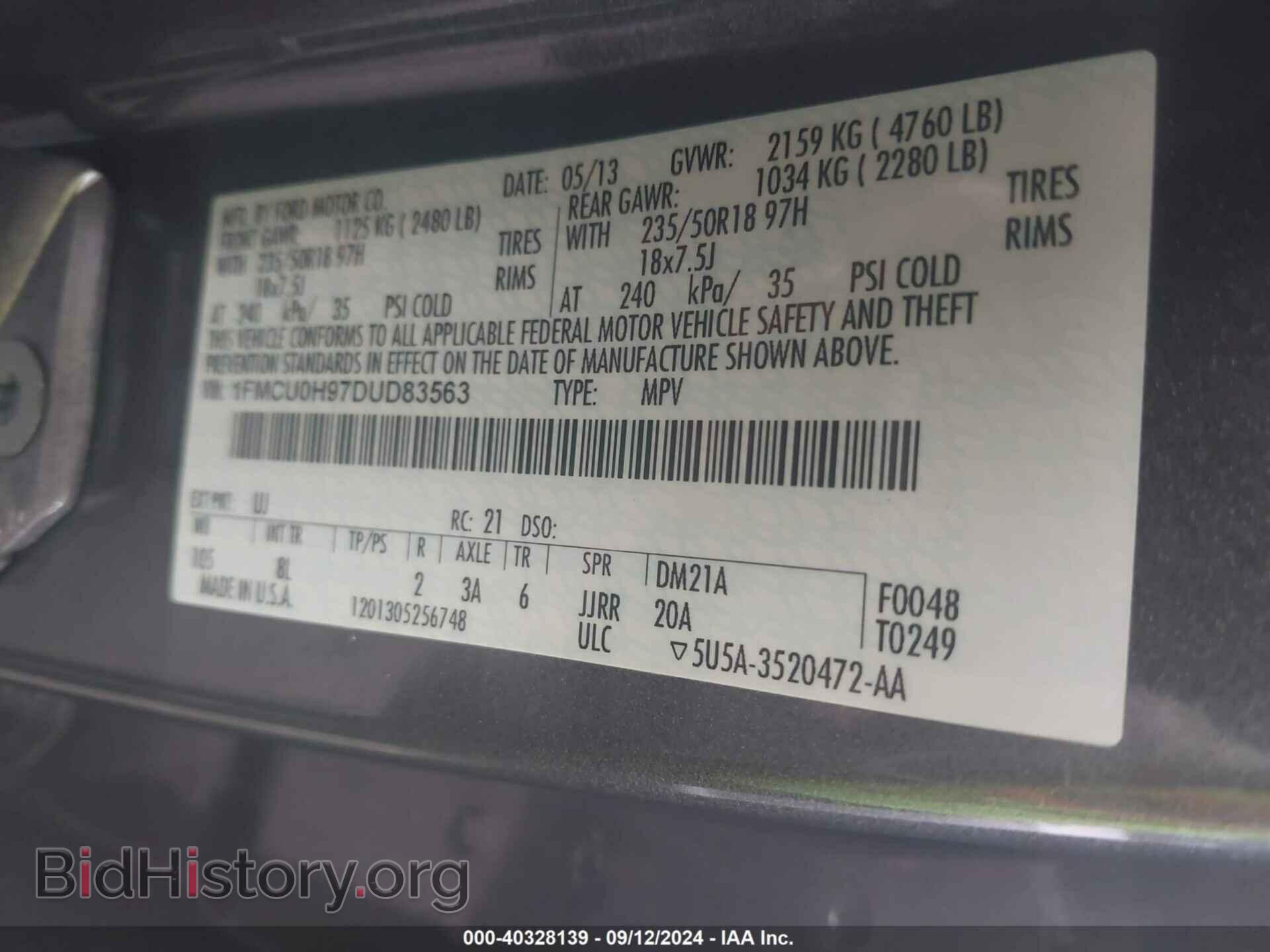 2013 FORD ESCAPE - VIN: 1FMCU0H97DUD83563 - Фото 9