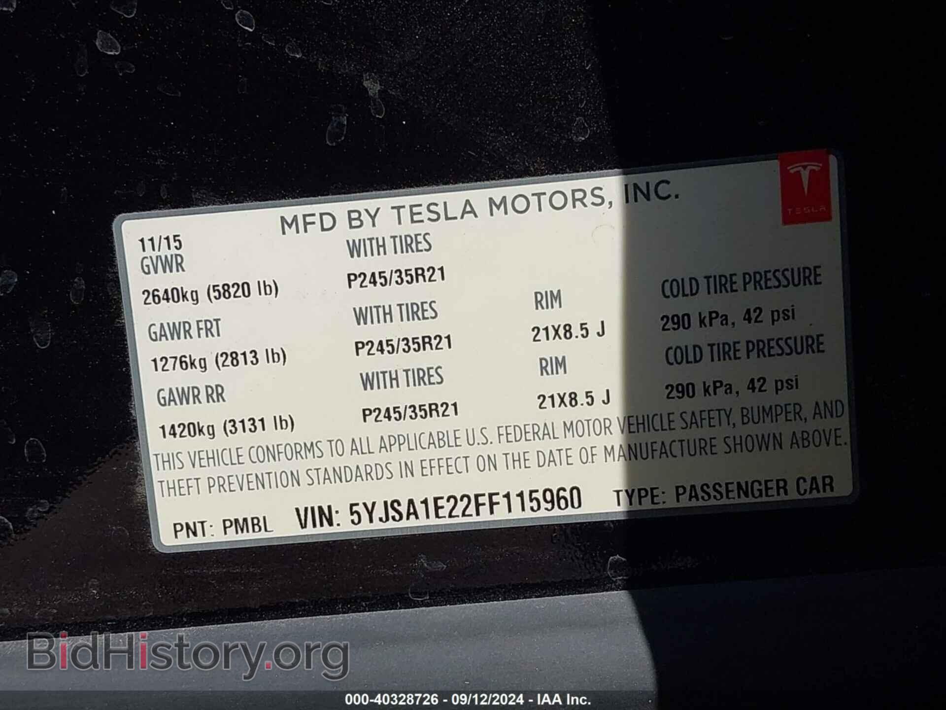 2015 TESLA MODEL S - VIN: 5YJSA1E22FF115960 - Фото 9