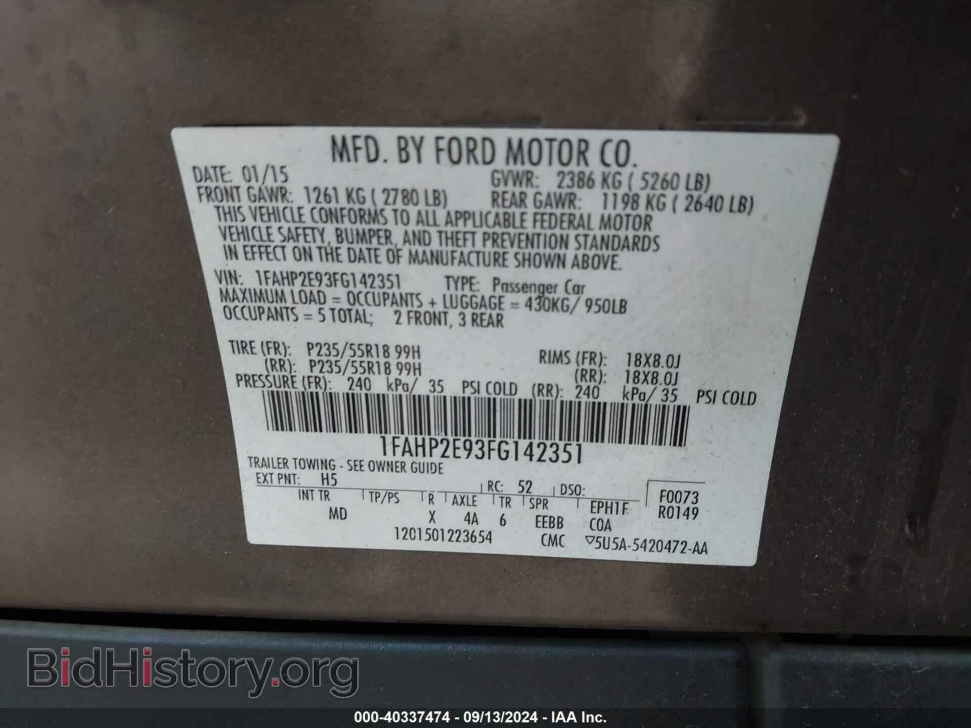 2015 FORD TAURUS - VIN: 1FAHP2E93FG142351 - Photo 9