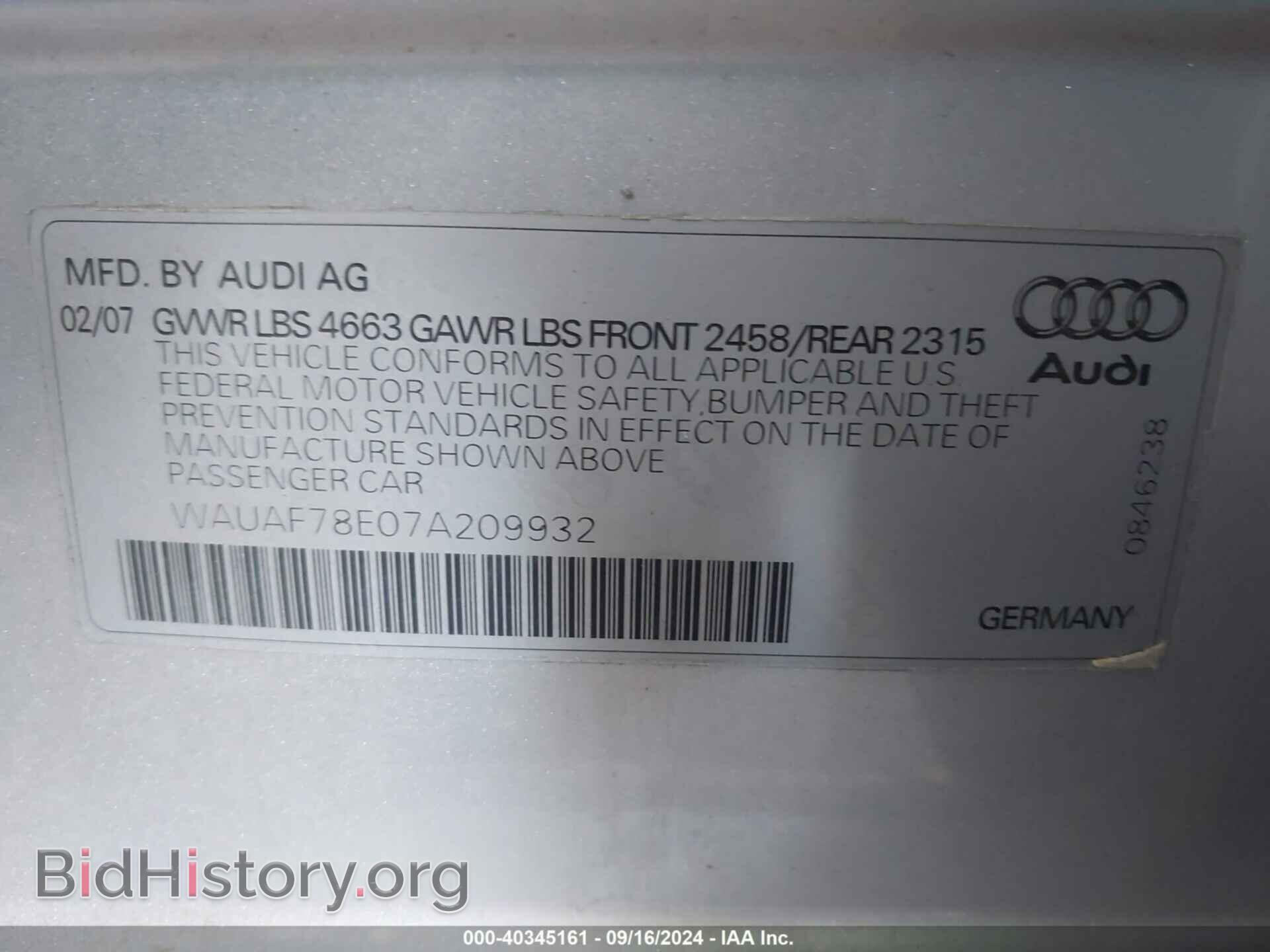 2007 AUDI A4 - VIN: WAUAF78E07A209932 - Фото 9