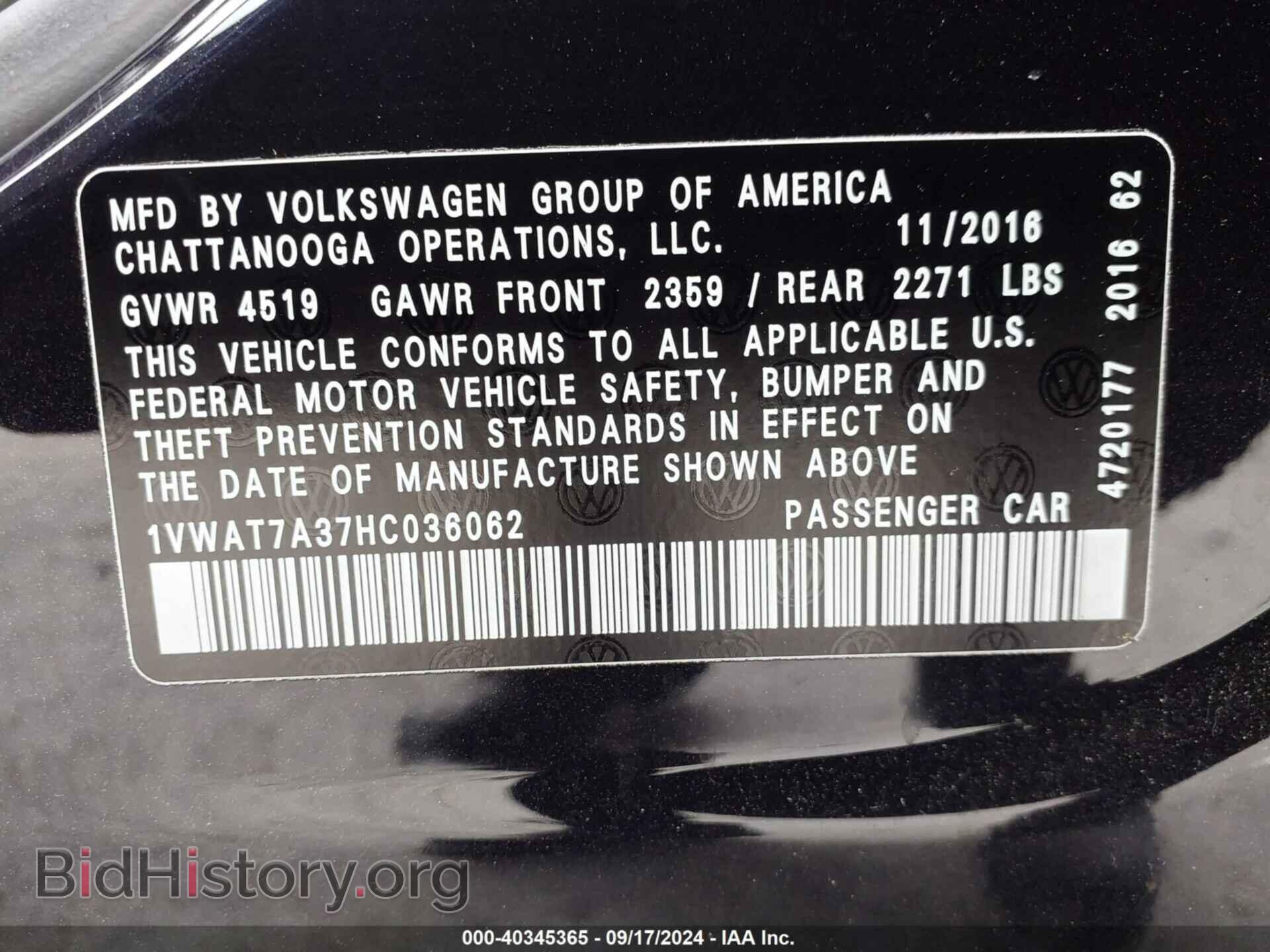 2017 VOLKSWAGEN PASSAT - VIN: 1VWAT7A37HC036062 - Фото 9