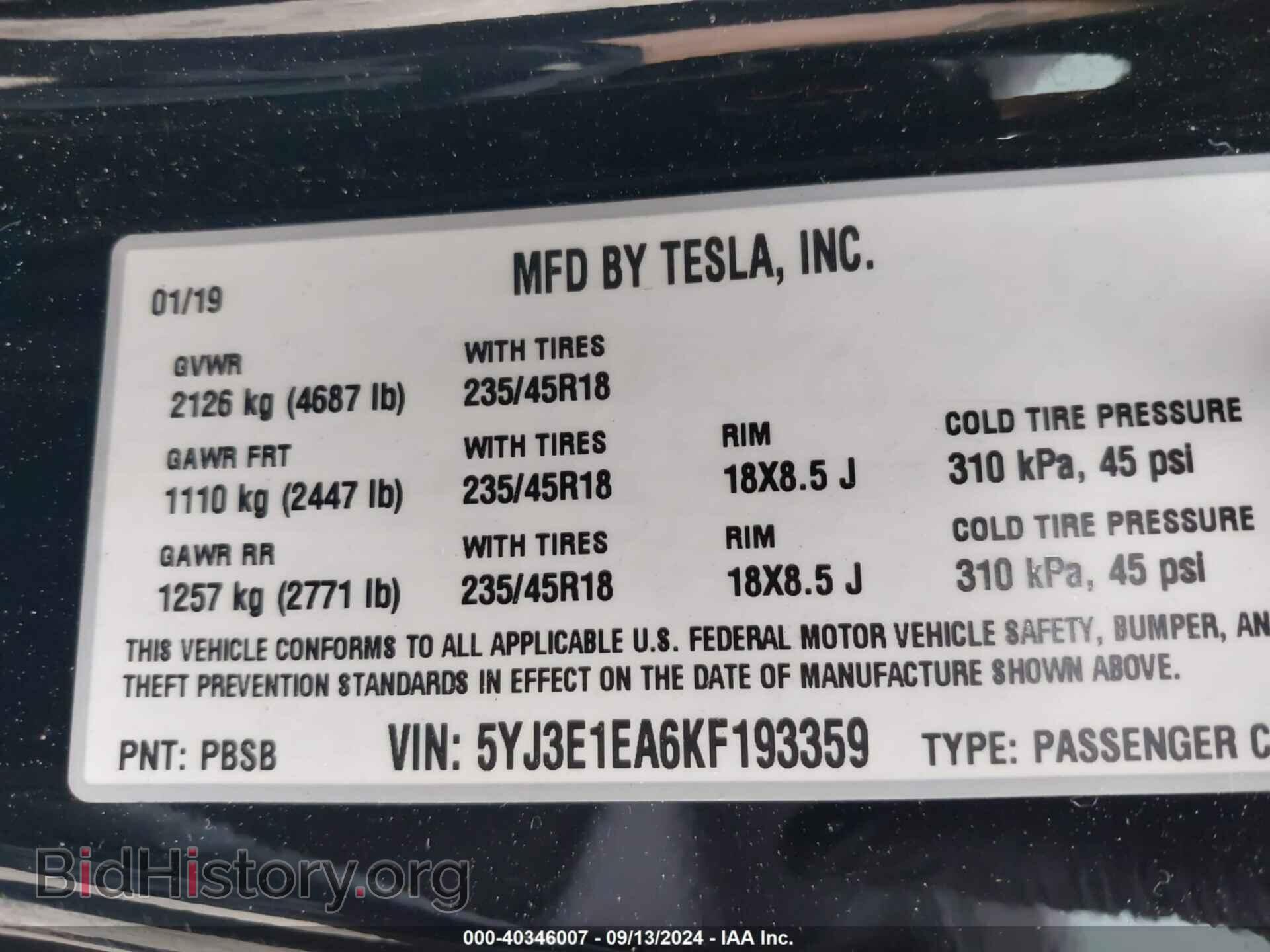 2019 TESLA MODEL 3 - VIN: 5YJ3E1EA6KF193359 - Фото 9