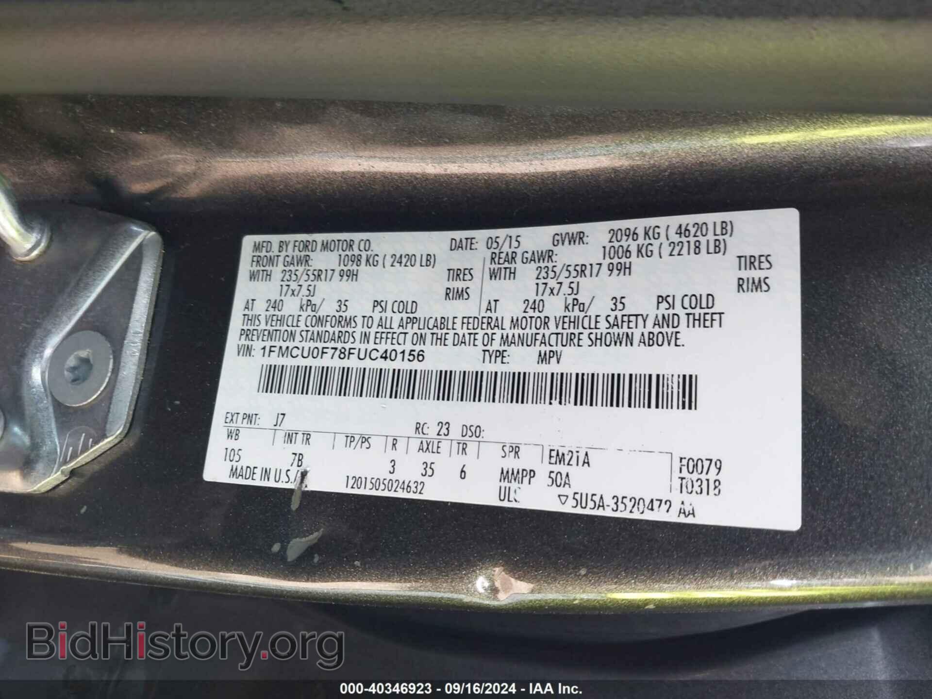 2015 FORD ESCAPE - VIN: 1FMCU0F78FUC40156 - Фото 9