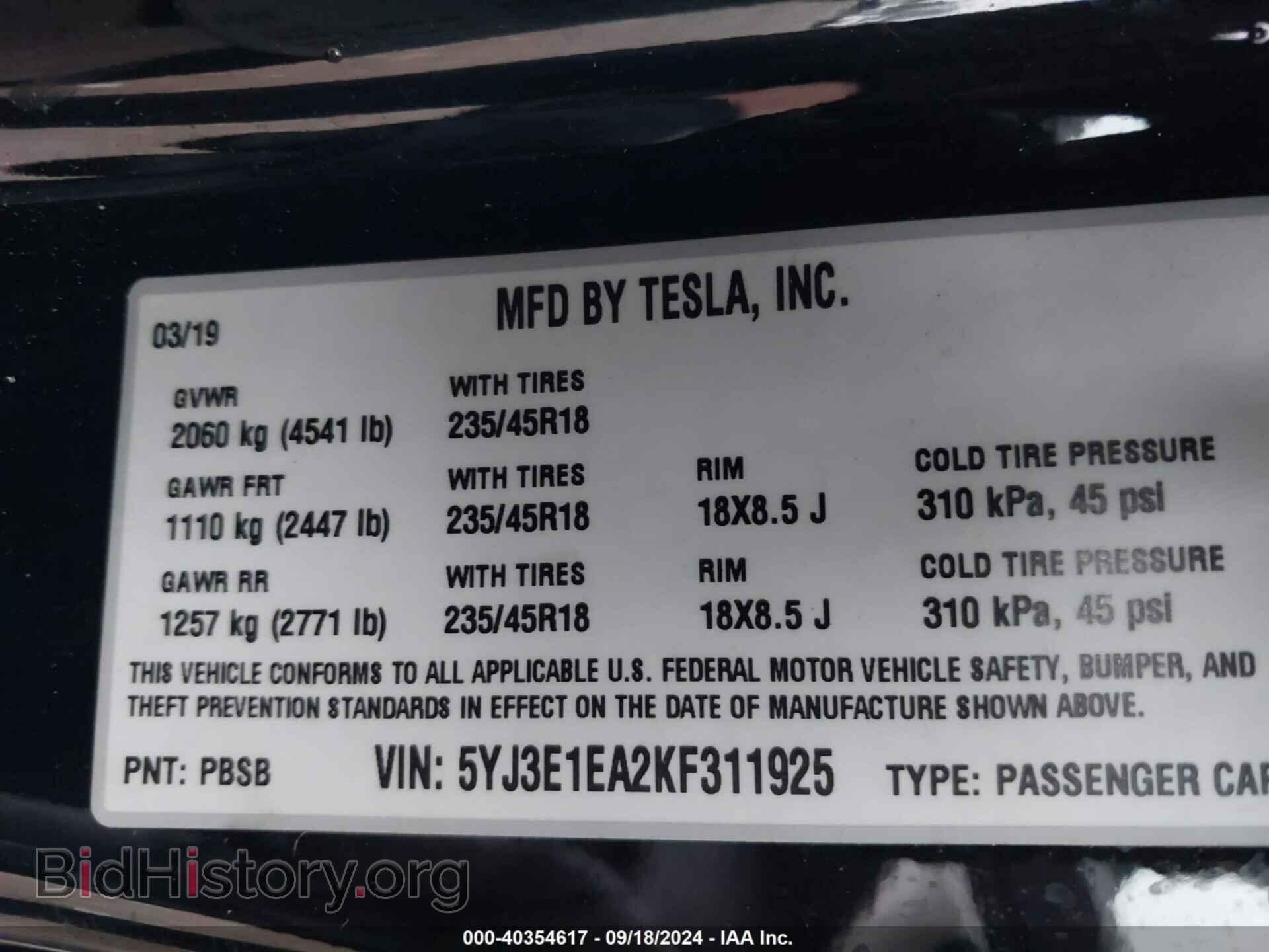2019 TESLA MODEL 3 - VIN: 5YJ3E1EA2KF311925 - Фото 9