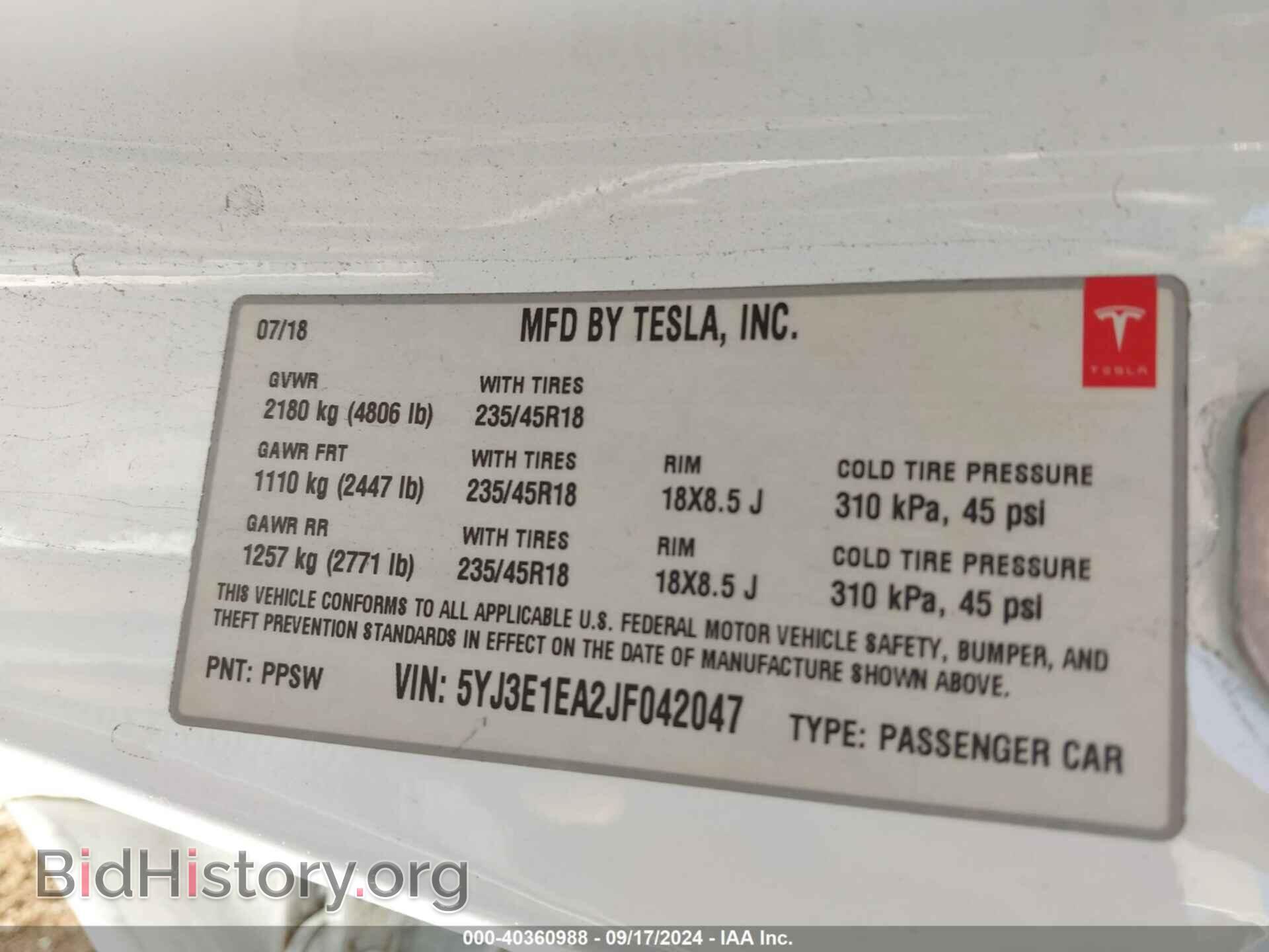 2018 TESLA MODEL 3 - VIN: 5YJ3E1EA2JF042047 - Фото 9