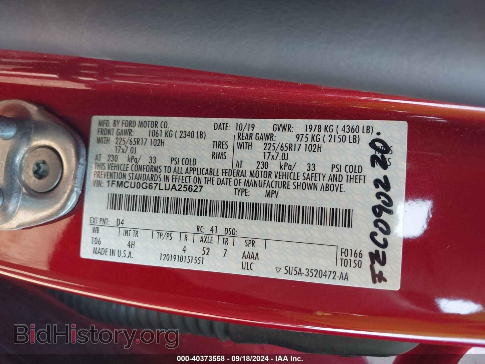 2020 FORD ESCAPE - VIN: 1FMCU0G67LUA25627 - Photo 9