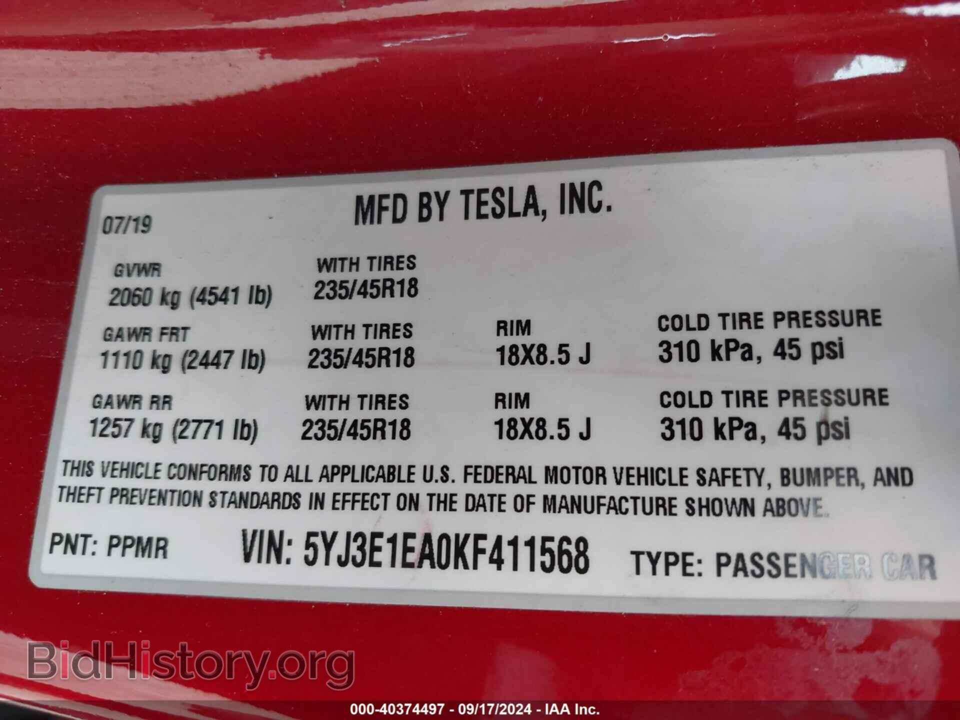 2019 TESLA MODEL 3 - VIN: 5YJ3E1EA0KF411568 - Фото 9