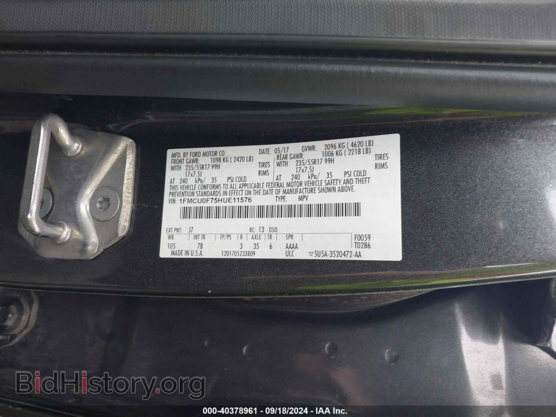 2017 FORD ESCAPE - VIN: 1FMCU0F75HUE11576 - Фото 9