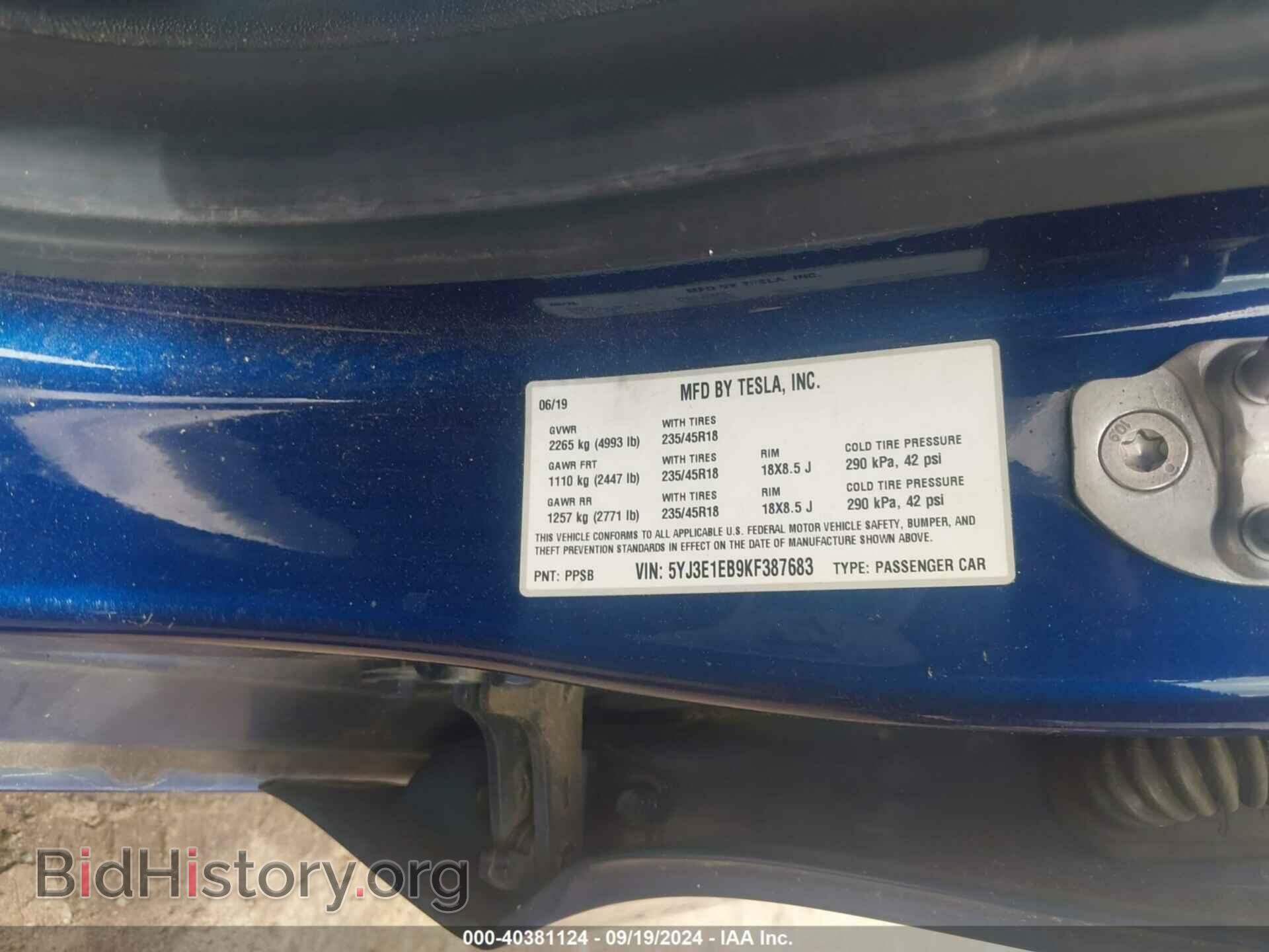 2019 TESLA MODEL 3 - VIN: 5YJ3E1EB9KF387683 - Фото 9