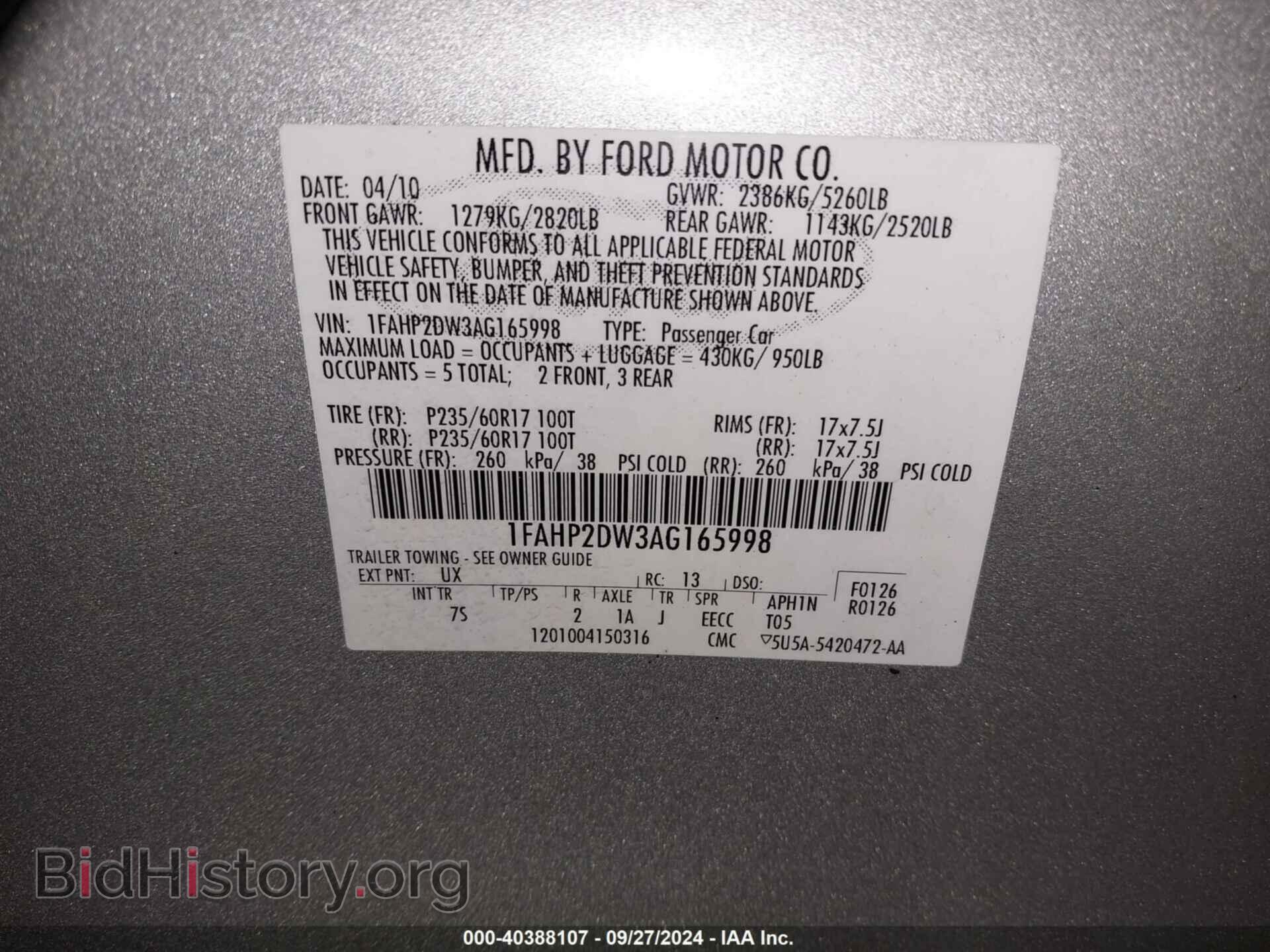 2010 FORD TAURUS - VIN: 1FAHP2DW3AG165998 - Фото 9