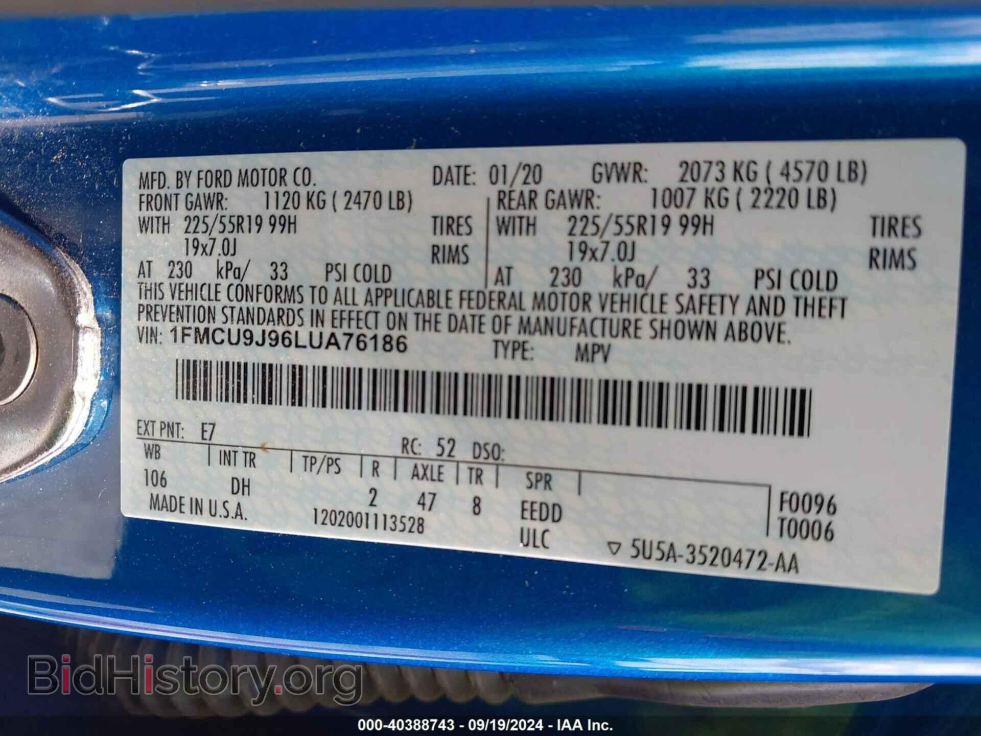 2020 FORD ESCAPE - VIN: 1FMCU9J96LUA76186 - Photo 9