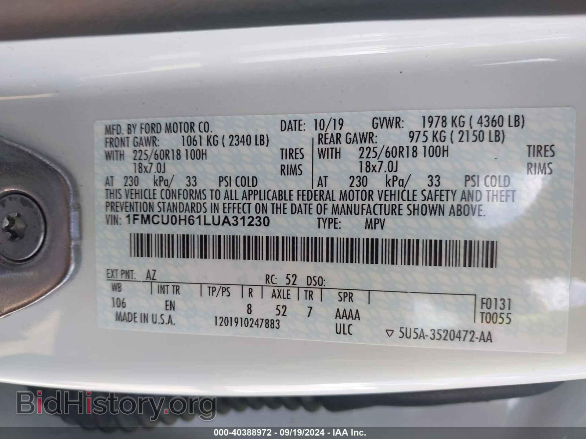 2020 FORD ESCAPE - VIN: 1FMCU0H61LUA31230 - Photo 9
