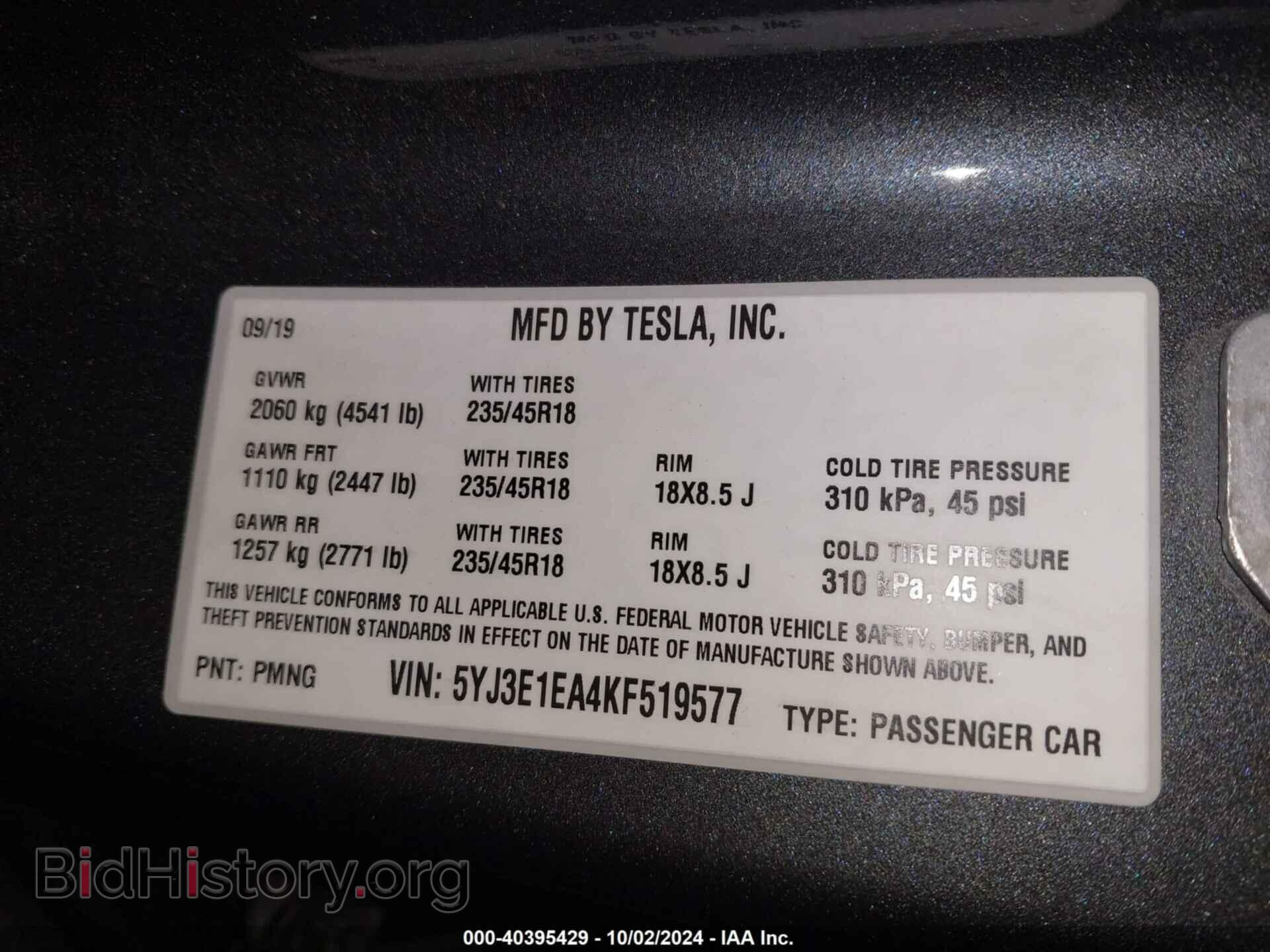 2019 TESLA MODEL 3 - VIN: 5YJ3E1EA4KF519577 - Фото 9