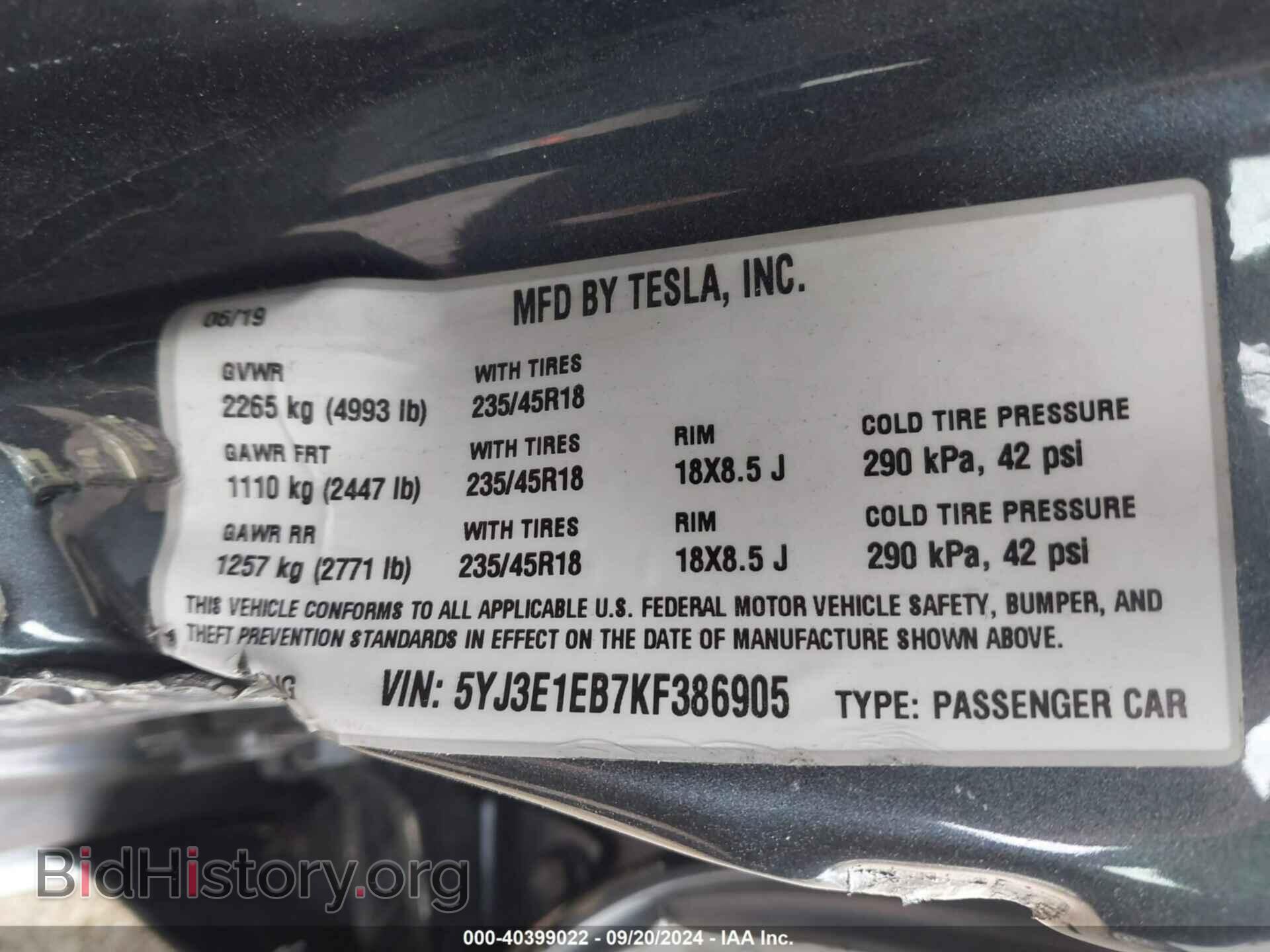 2019 TESLA MODEL 3 - VIN: 5YJ3E1EB7KF386905 - Photo 9