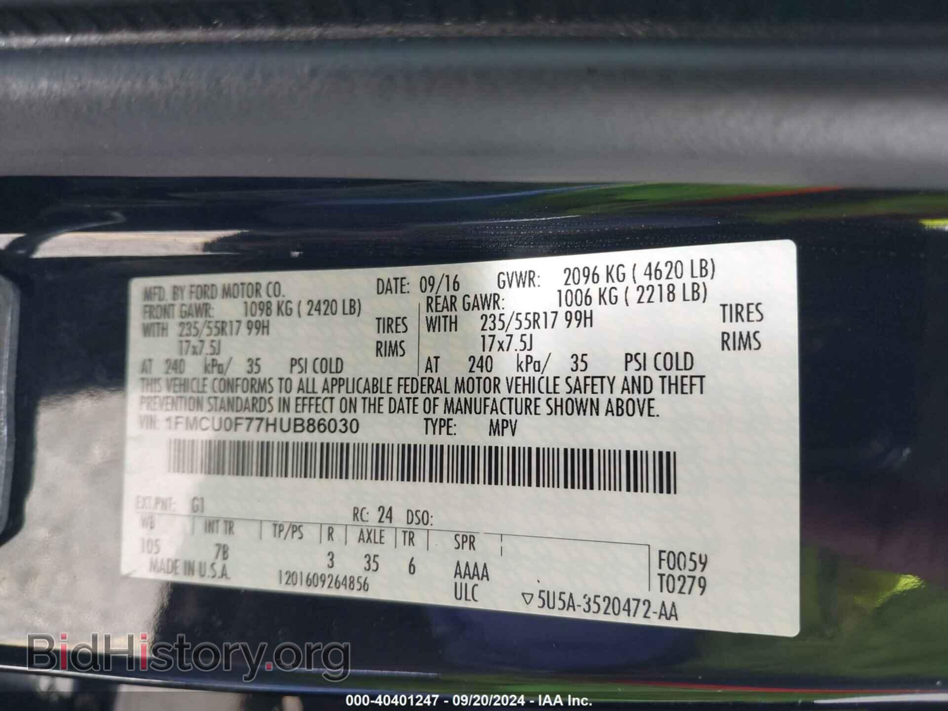 2017 FORD ESCAPE - VIN: 1FMCU0F77HUB86030 - Фото 9