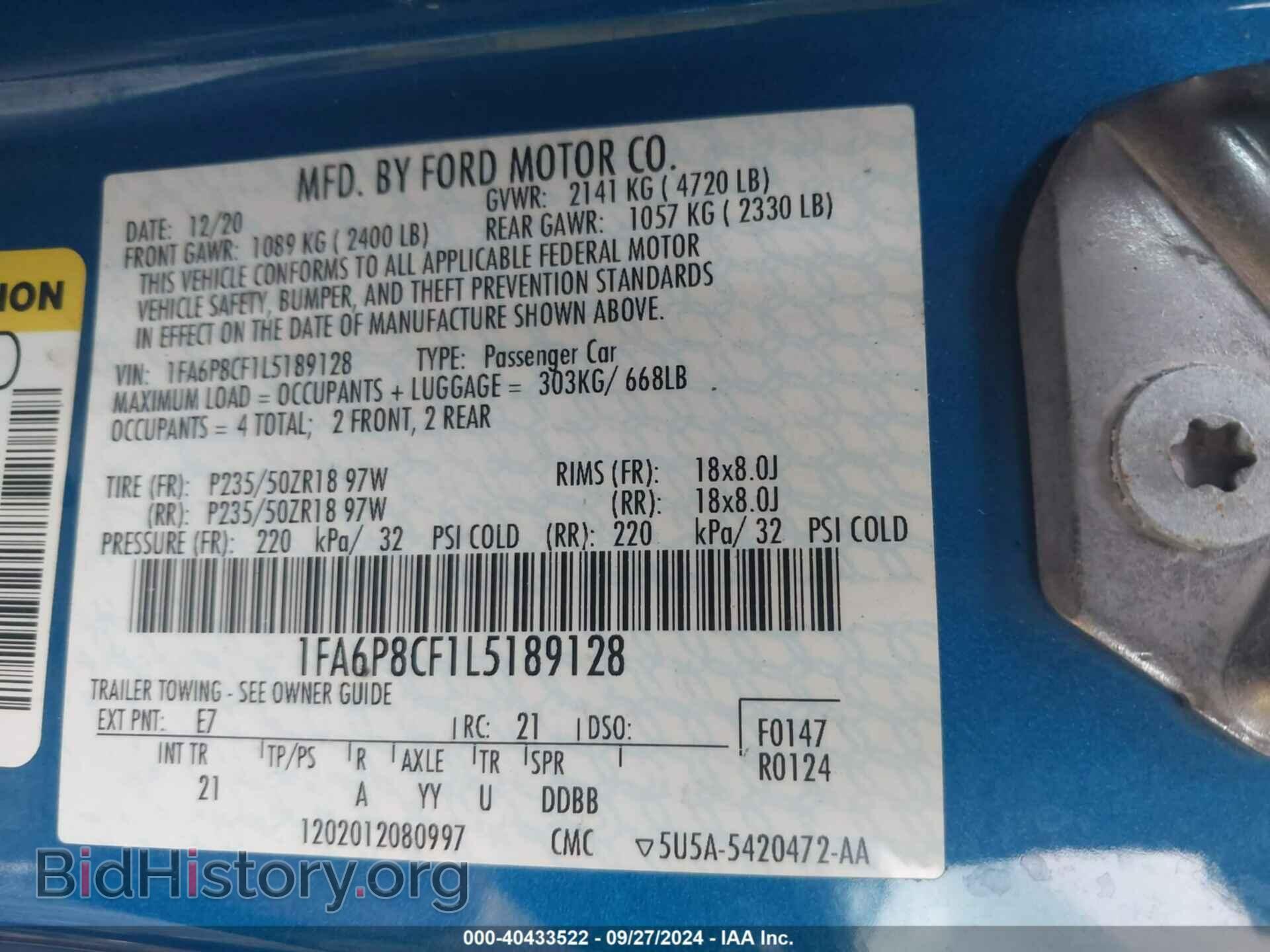 2020 FORD MUSTANG - VIN: 1FA6P8CF1L5189128 - Фото 9