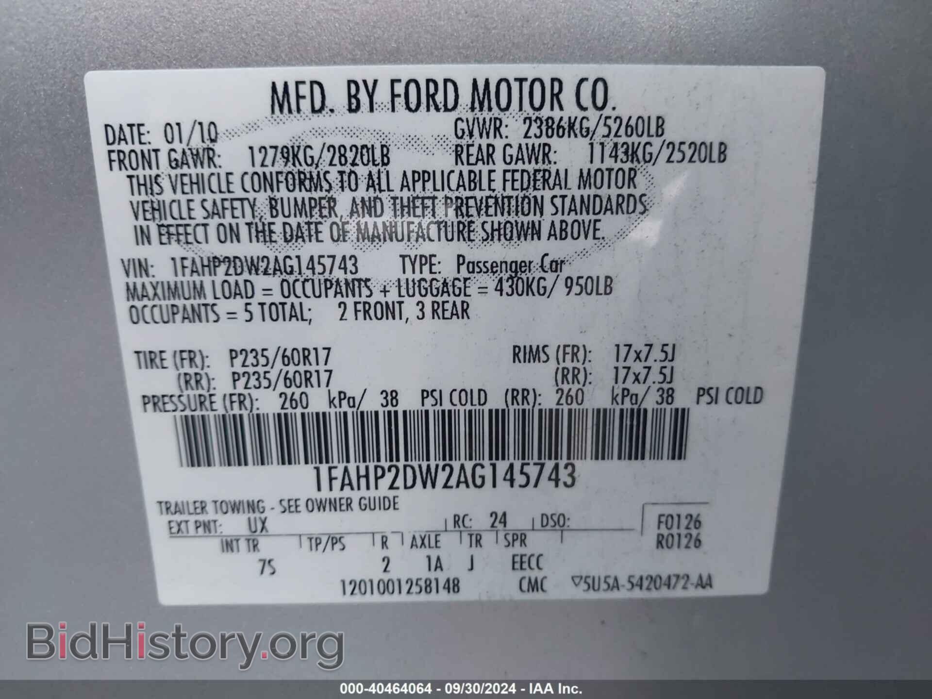 2010 FORD TAURUS - VIN: 1FAHP2DW2AG145743 - Фото 9