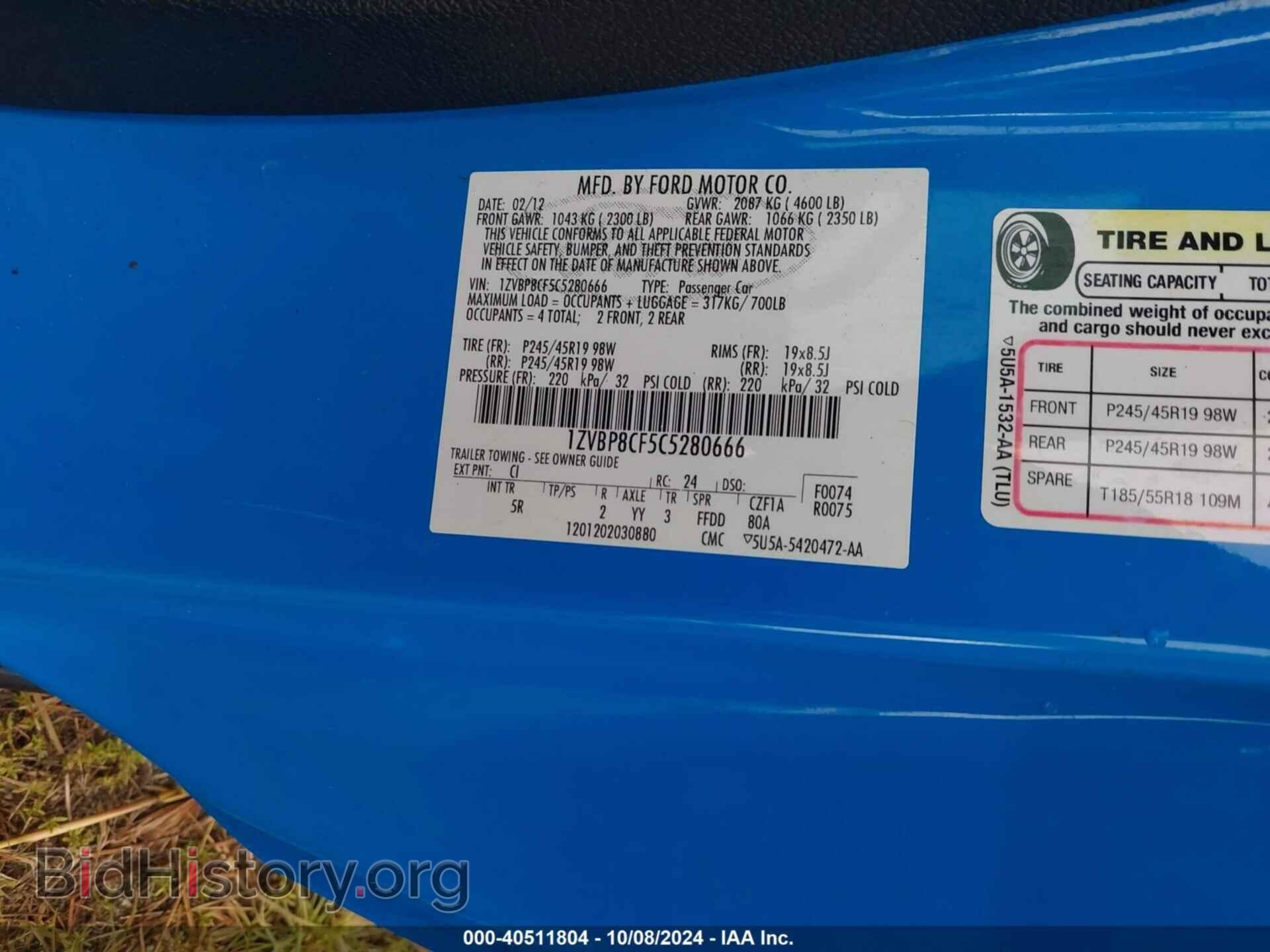2012 FORD MUSTANG - VIN: 1ZVBP8CF5C5280666 - Фото 9