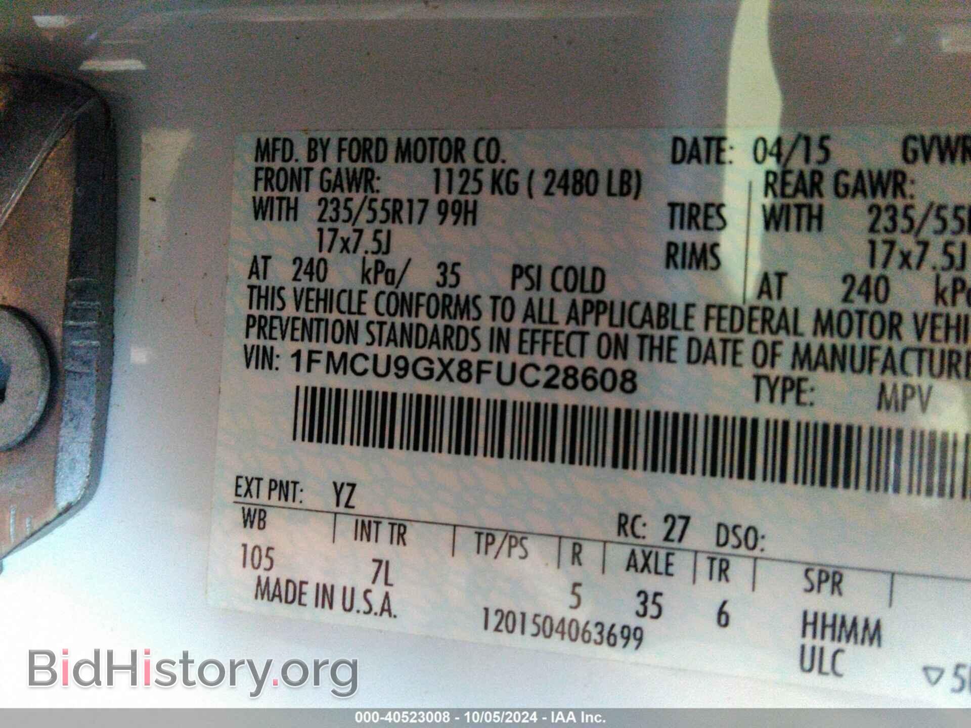 2015 FORD ESCAPE - VIN: 1FMCU9GX8FUC28608 - Фото 9